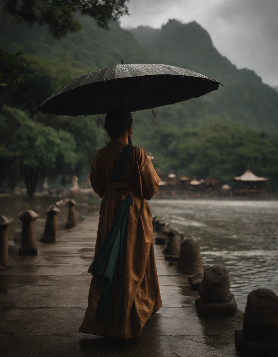 A girl wearing a Hanfu umbrella,Behind him is the temple,Walking alone in heavy rain,In the distance are mountains and waterfalls,tmasterpiece,Masterpiece,rich details,Da Vinci color grading,4D cinematic texture