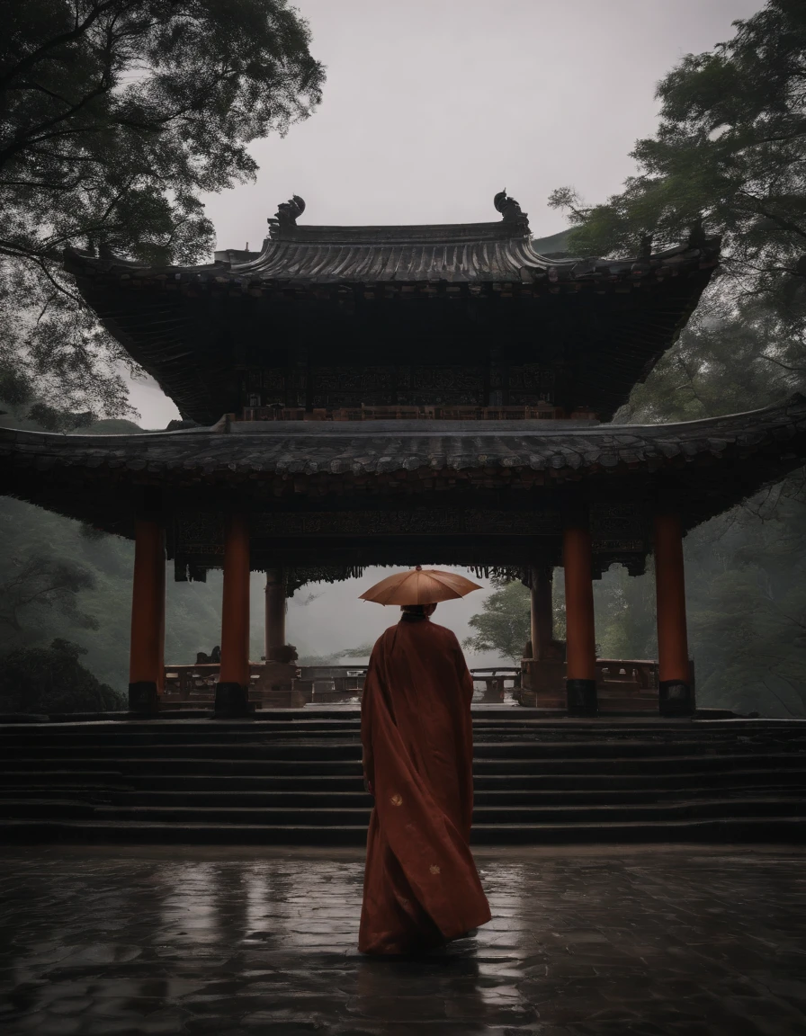 A girl wearing a Hanfu umbrella,Behind him is the temple,Walking alone in heavy rain,In the distance are mountains and waterfalls,tmasterpiece,Masterpiece,rich details,Da Vinci color grading,4D cinematic texture