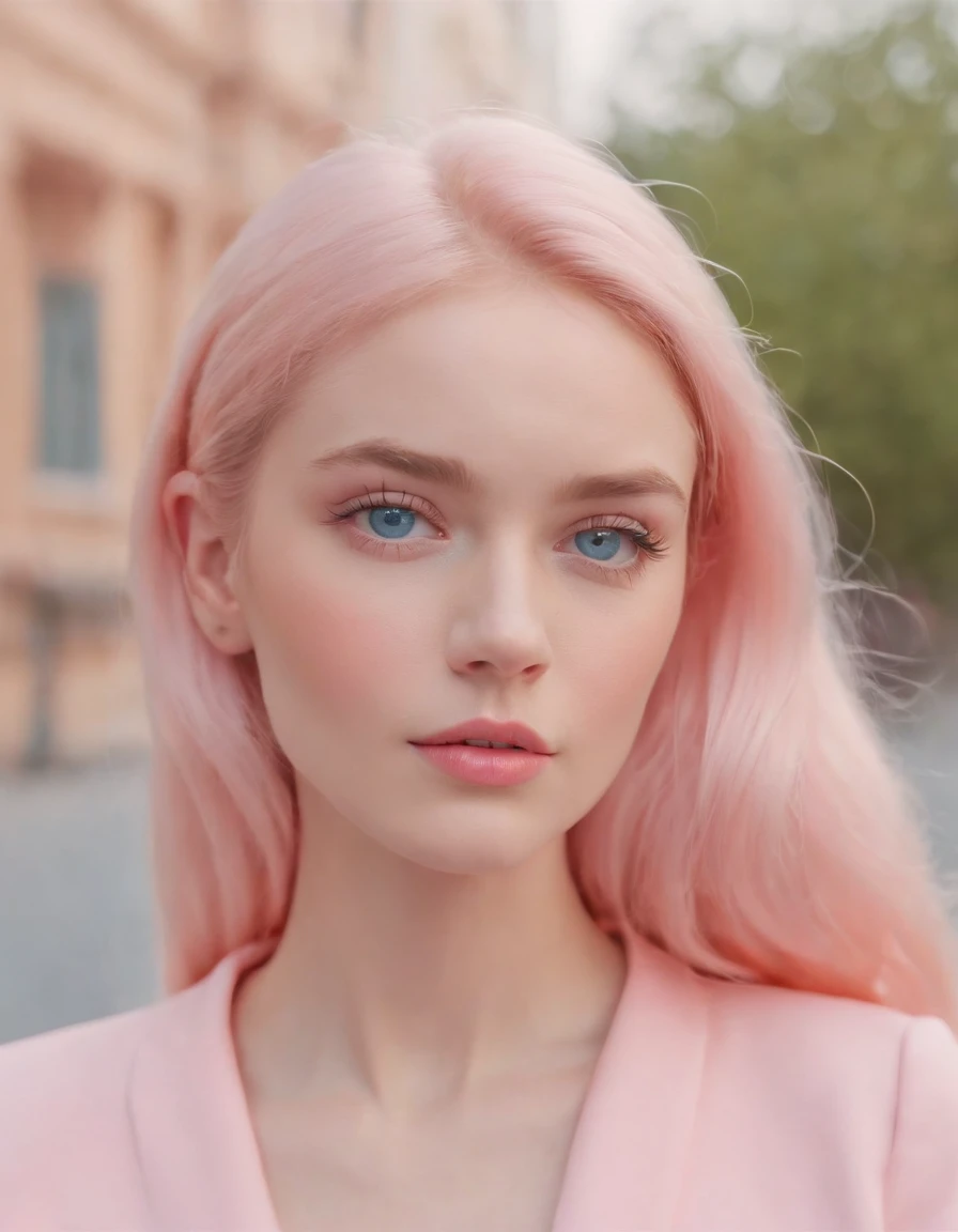 Market, neopop, pastel colors, by jimmy marble, portrait, pink clothing, straight hair, blue eyes, Barbie (medium shot)