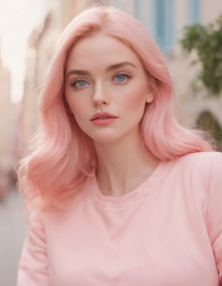 Market, neopop, pastel colors, by jimmy marble, portrait, pink clothing, straight hair, blue eyes, Barbie (medium shot)