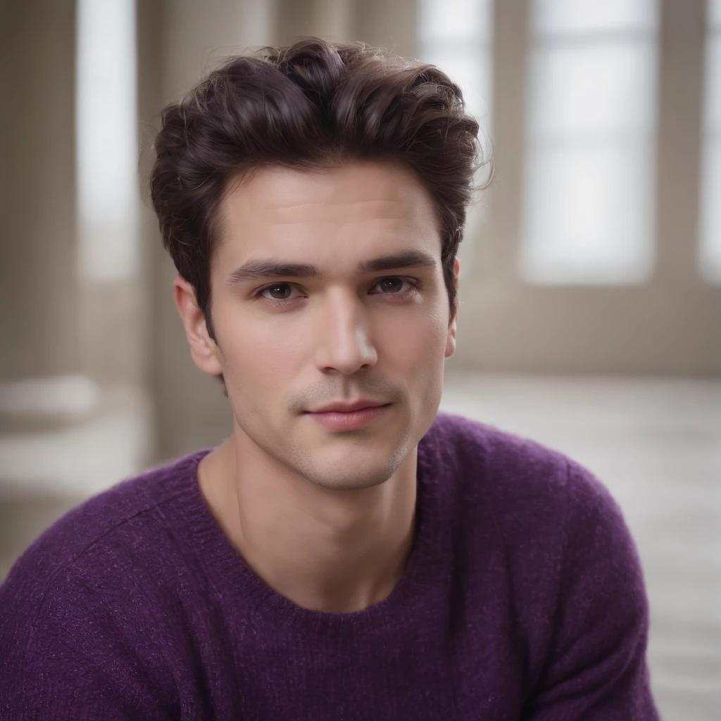 Man in purple and black border sweater Hair is purple Permed Gentle eyes squash