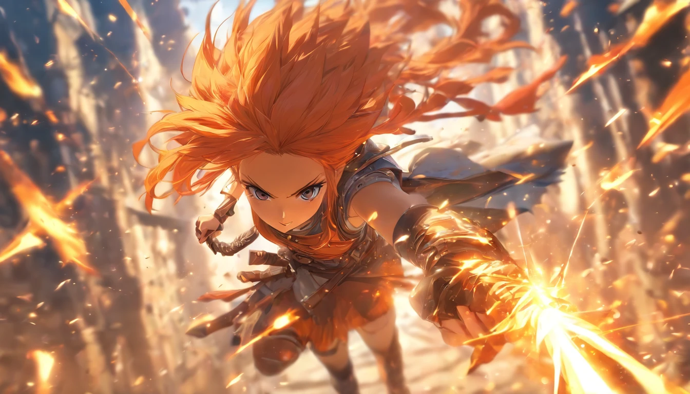 foreshortening, depth of field, masterpiece, best quality, 1girl, orange hair,, sword master, sword fighting pose, action, dynamic_angle