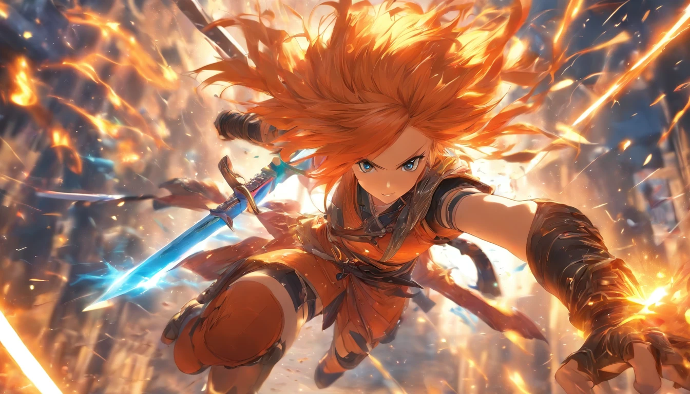 foreshortening,  depth of field, masterpiece, best quality, 1girl, orange hair,, sword master, sword fighting pose, action, dynamic_angle