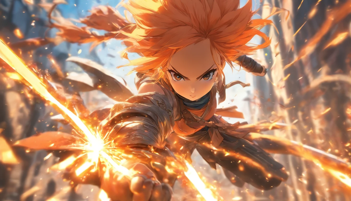 foreshortening, depth of field, masterpiece, best quality, 1girl, orange hair,, sword master, sword fighting pose, action, dynamic_angle