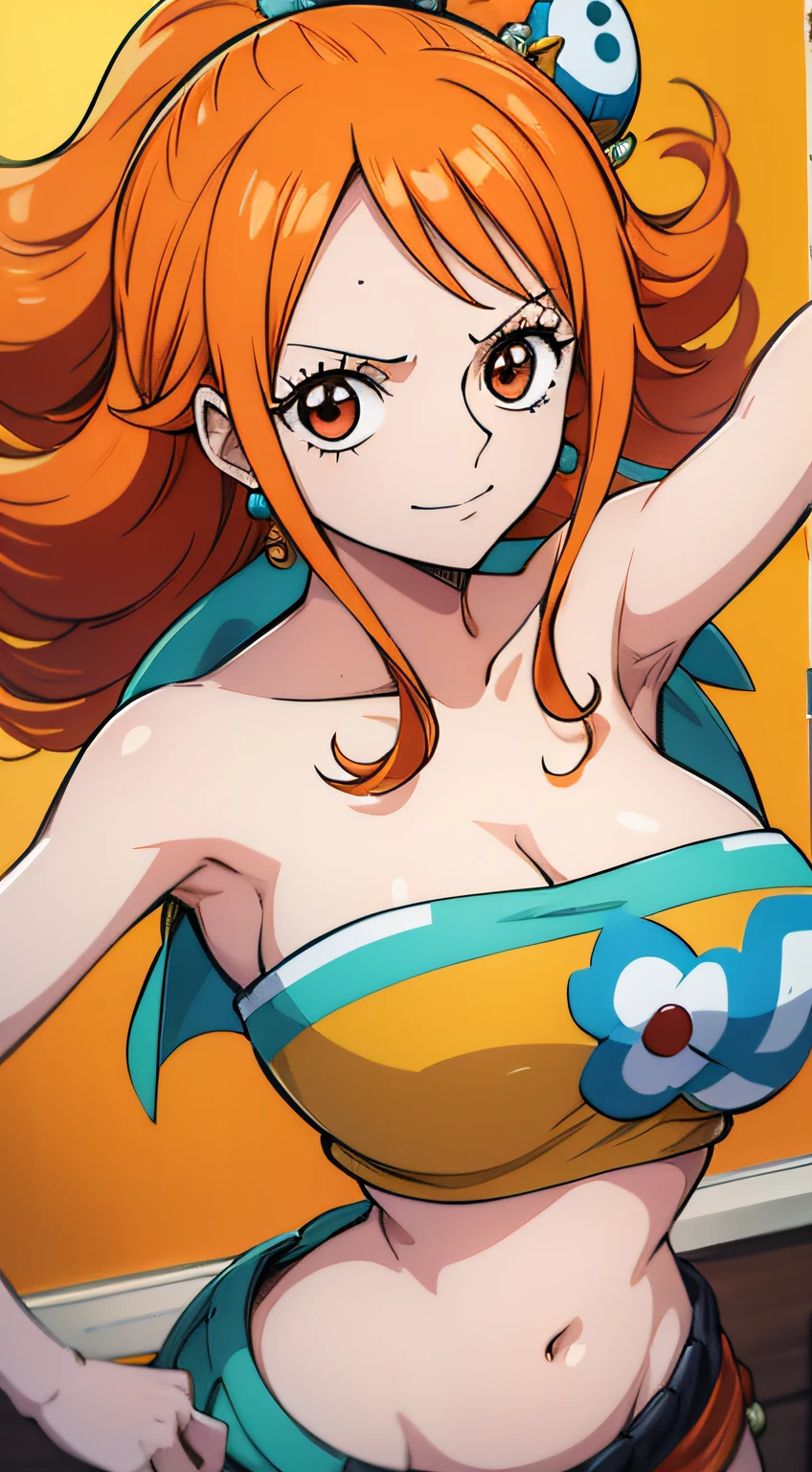 Generar una imagen realista de estilo anime de Nami de One Piece. Captura su apariencia distintiva con cabello naranja, una camisa, and a cheerful expression. Make sure the picture reflects your adventurous and confident personality as shown in the anime.., cuerpo completo, Plano amplio , NSFW, Curvy athletic body, Antecedentes de la isla,top de sujetador, falda, ojos naranjas, ojos naranjas, armpits