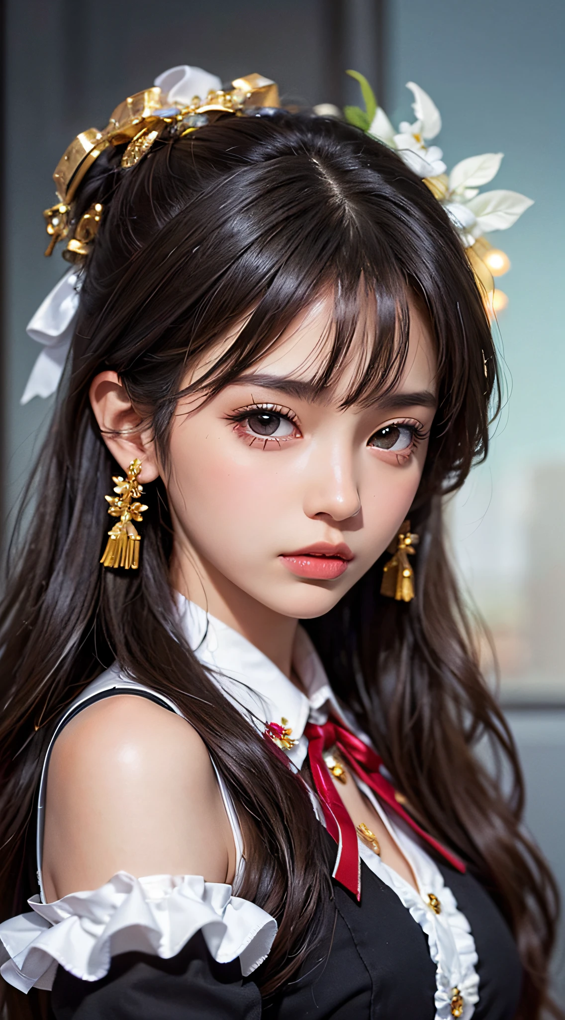 best quality, (photorealistic:1.2), 1girl, solo, detailed face, face focus, standing, black hair,(hair ornament:1.35),office lady, ribbon-trimmed sleeves, detached sleeves, ribbon trim, wide sleeves, (looking at viewer:1.5) long hair, black eyes, bangs, lips,