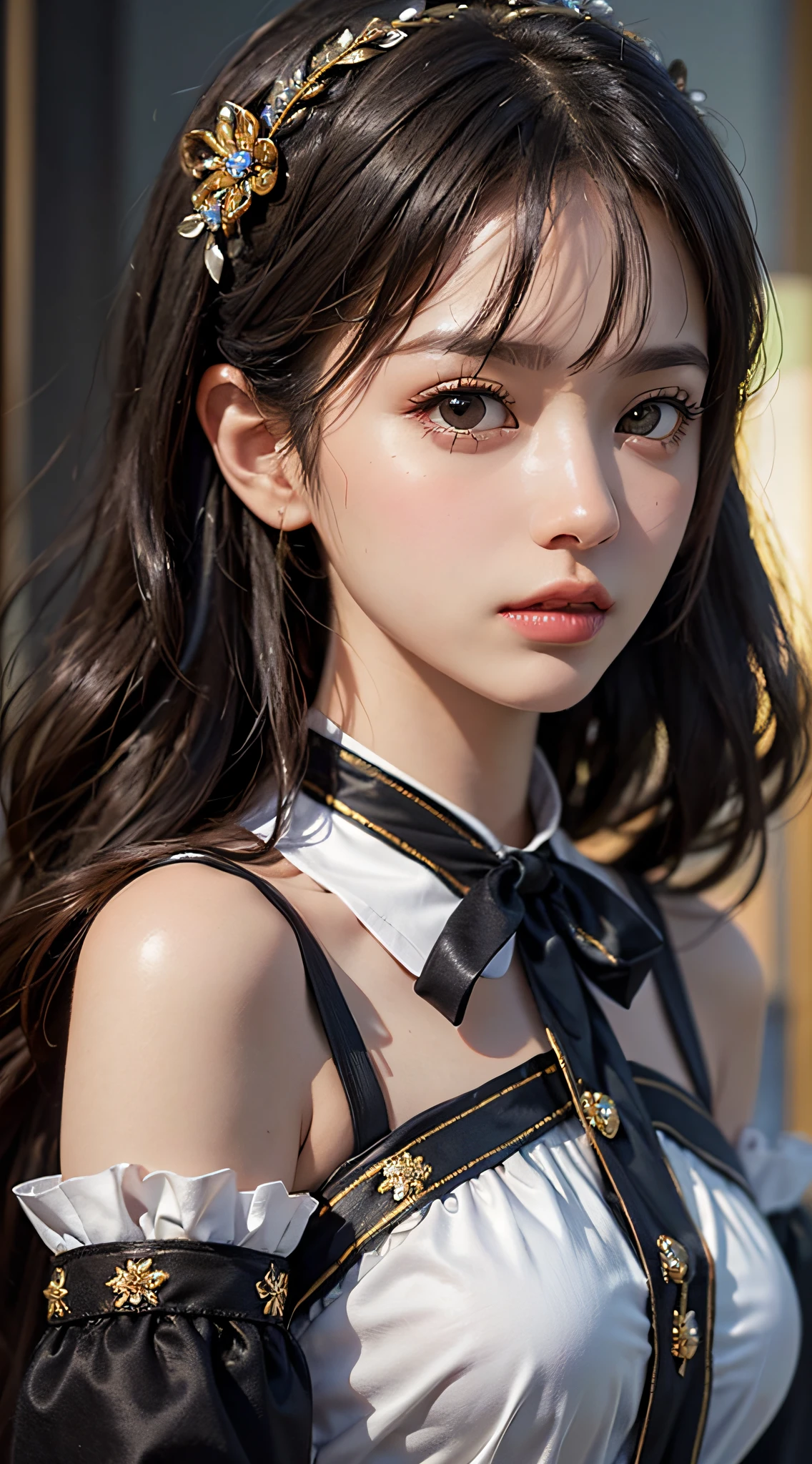 best quality, (photorealistic:1.2), 1girl, solo, detailed face, face focus, standing, black hair,(hair ornament:1.35),office lady, ribbon-trimmed sleeves, detached sleeves, ribbon trim, wide sleeves, (looking at viewer:1.5) long hair, black eyes, bangs, lips,