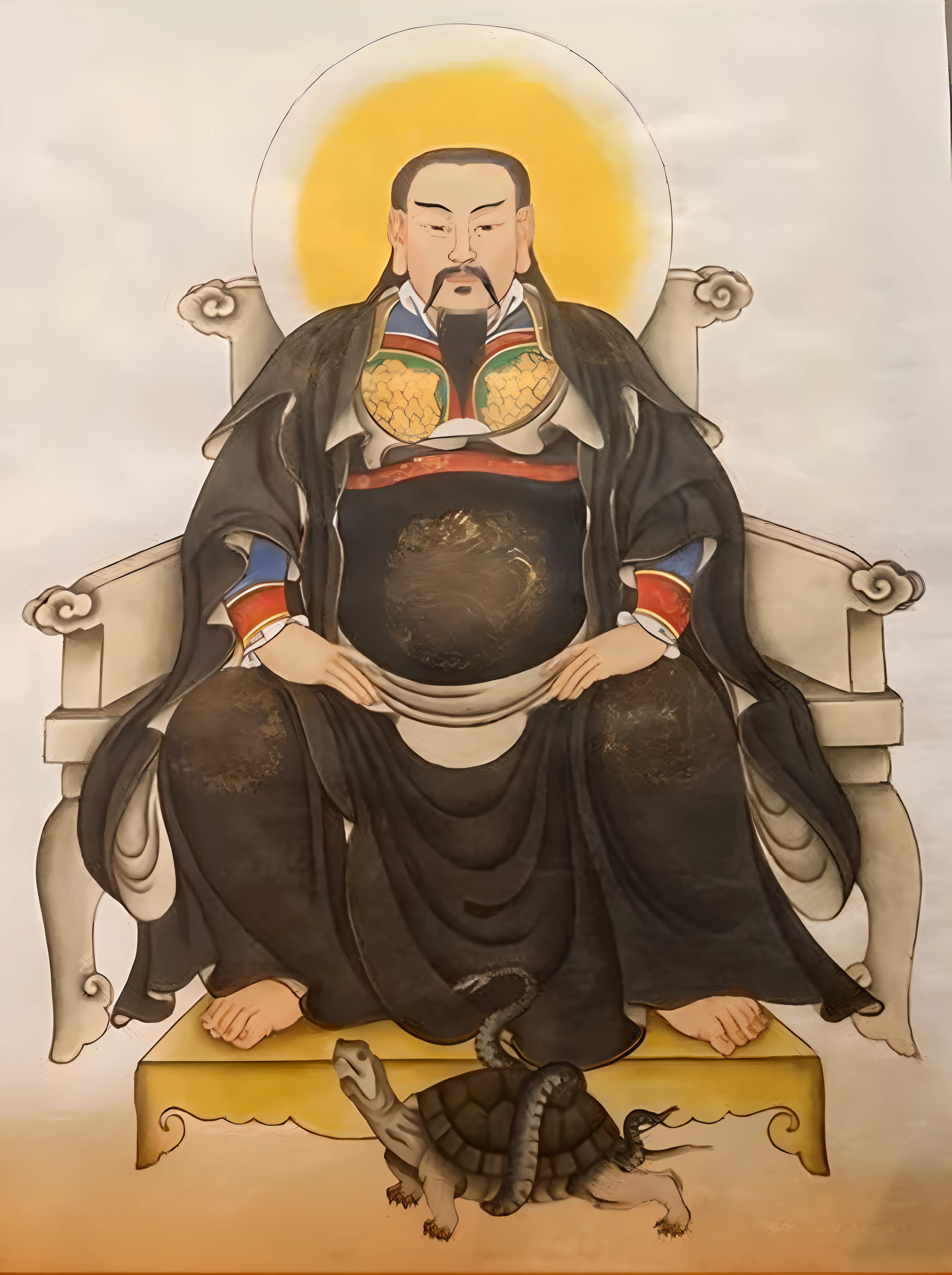 Draw a man sitting on a throne with a serpent, Taoist, Due to barren art in ORK, by Xuande Emperor, Bearded man sitting on a throne, God of Wealth, author:Wen Boren, artwork in the style of z.Show on the. gu, the god emperor of mankind, inspired by Xuande Emperor, chi-gong, Taoist master
