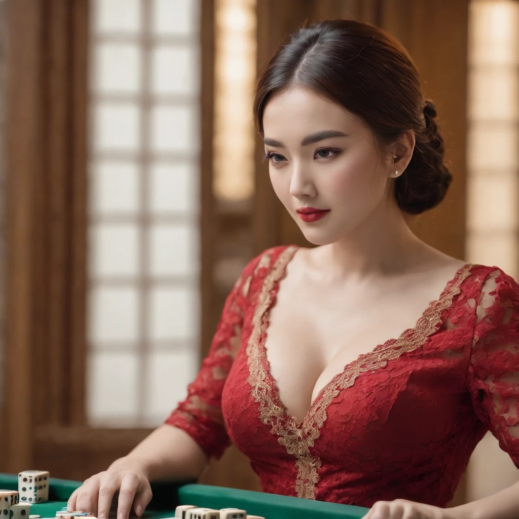 Sexy lace big-breasted beauty playing mahjong