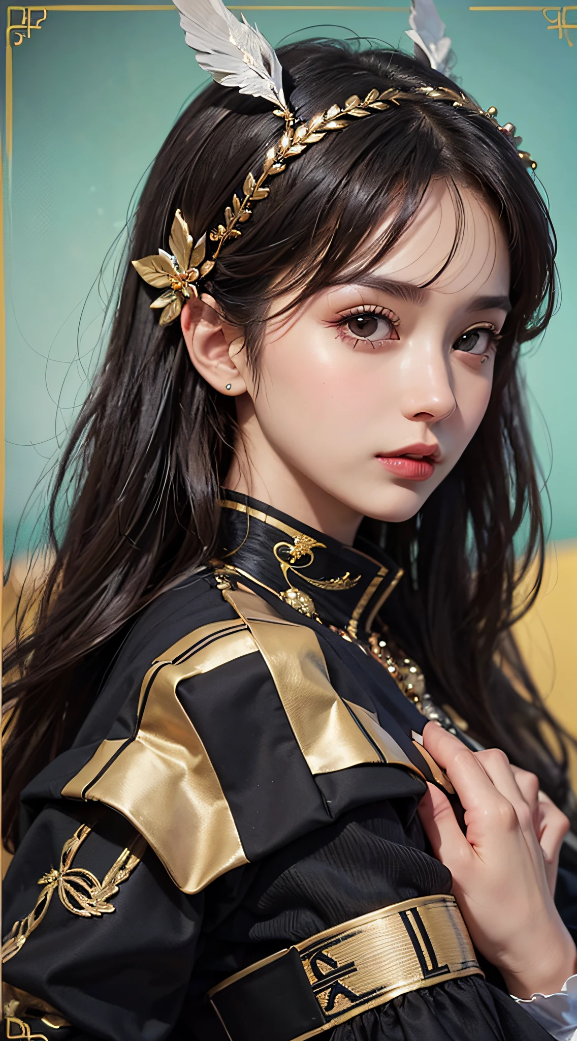 best quality, (photorealistic:1.2), 1girl, solo, detailed face, face focus, standing, black hair,(hair ornament:1.35),office lady, ribbon-trimmed sleeves, detached sleeves, ribbon trim, wide sleeves, (looking at viewer:1.5) long hair, black eyes, bangs, lips,