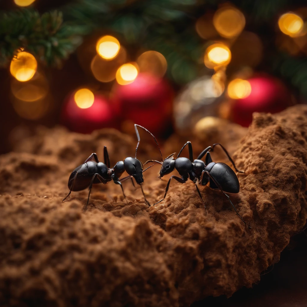 an ant surrounded with many gifts in shiny Christmas with colorful light