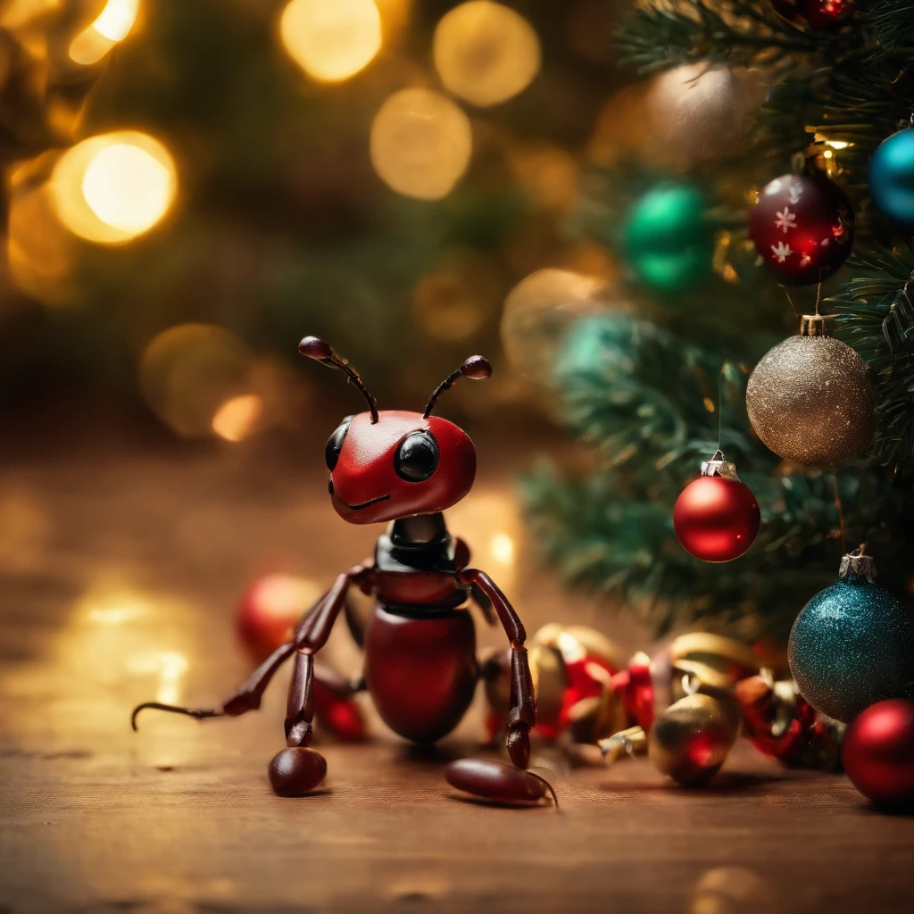 an ant surrounded with many gifts in shiny Christmas with colorful light