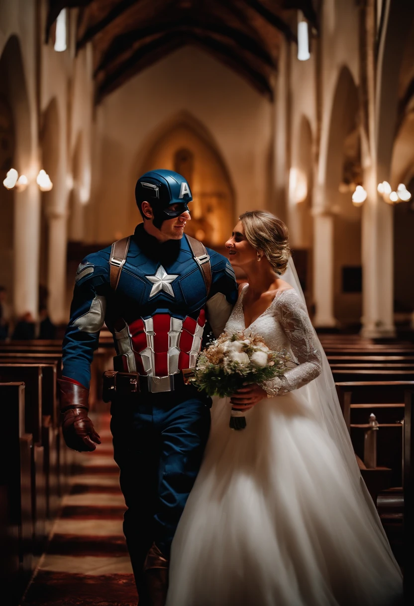 Captain America, holding a bouquet, walked down the aisle in a church wedding, happy.