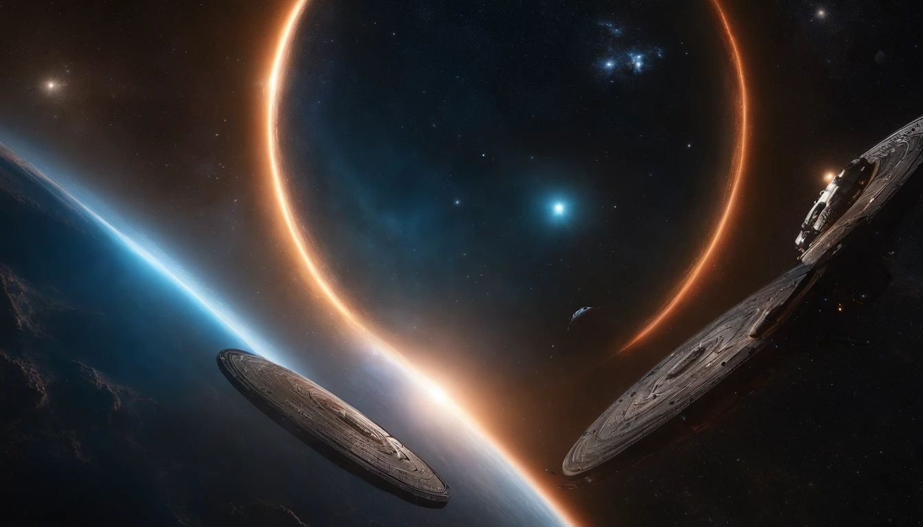 ((Masterpiece)),(Best quality)),Magnificent space image scene,heavenly body,Interstellar,Huge star gates,Spaceship,Shining starry sky,8K,super-fine,high qulity