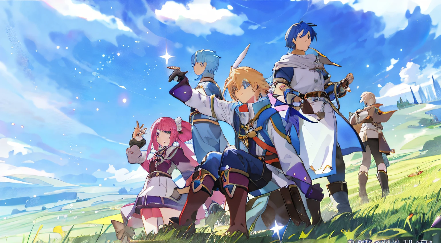 Anime character standing in field in sky background, coriolios rpg art style, jrpg character art, star ocean, crisp clear rpg portrait, Fire emblem, key art, RPG art, RPG artwork, rpg maker, offcial art, promotional art, high detailed official artwork, Epic light novel art cover, Game art!!, fullbody rpg portrait