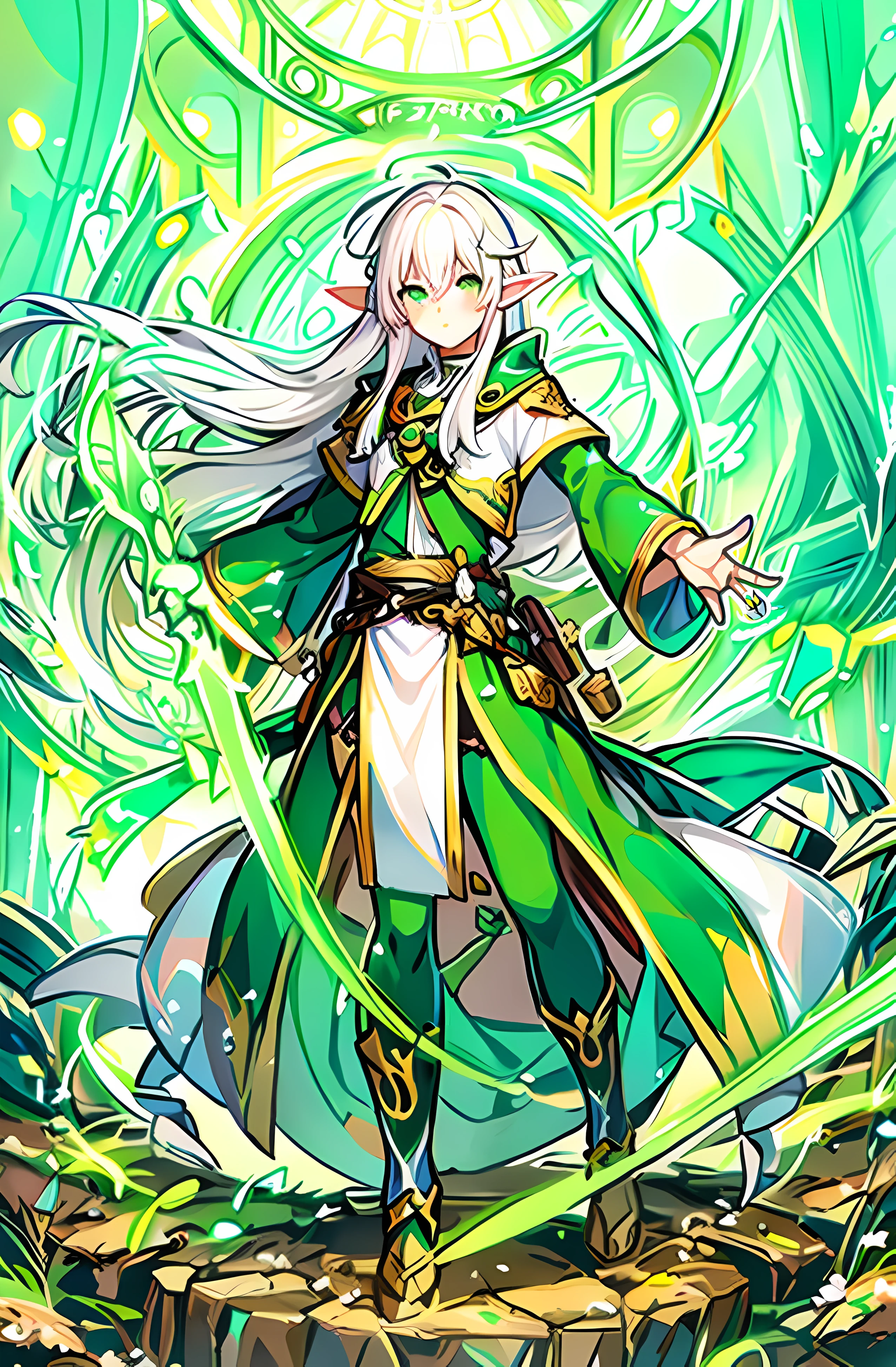 whitehair,teenager,elf druid,male,boy,1.6mheight,greeneyes,green clothes,genshinstyle,dynamicpose,fullbody,(bestquality:1.2),(ultra-detailed,realistic:1.37),vividcolors