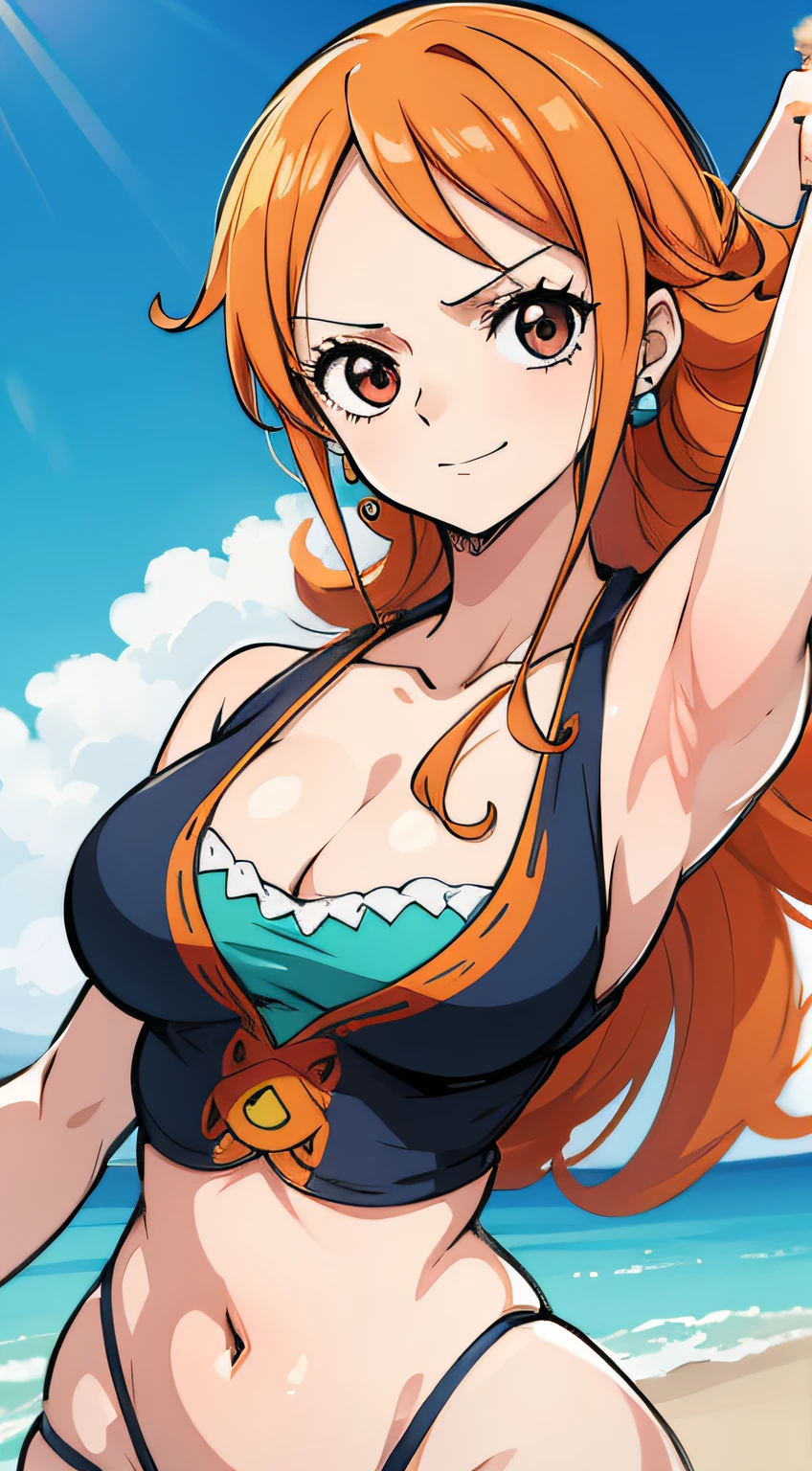 masterpiece, nami one piece, best quality, ultra-detailed, epic lighting, cinematic composition, anime coloring, 2d, anime, 1girl, solo, big breasts, hair orange, hair rings, brown eyes,wearing bra, green bow, bare shoulders, blue skirt, looking at viewer, :o, blush, crossed arms, from below, tavern (8k:1.1),nsfw, showing breast