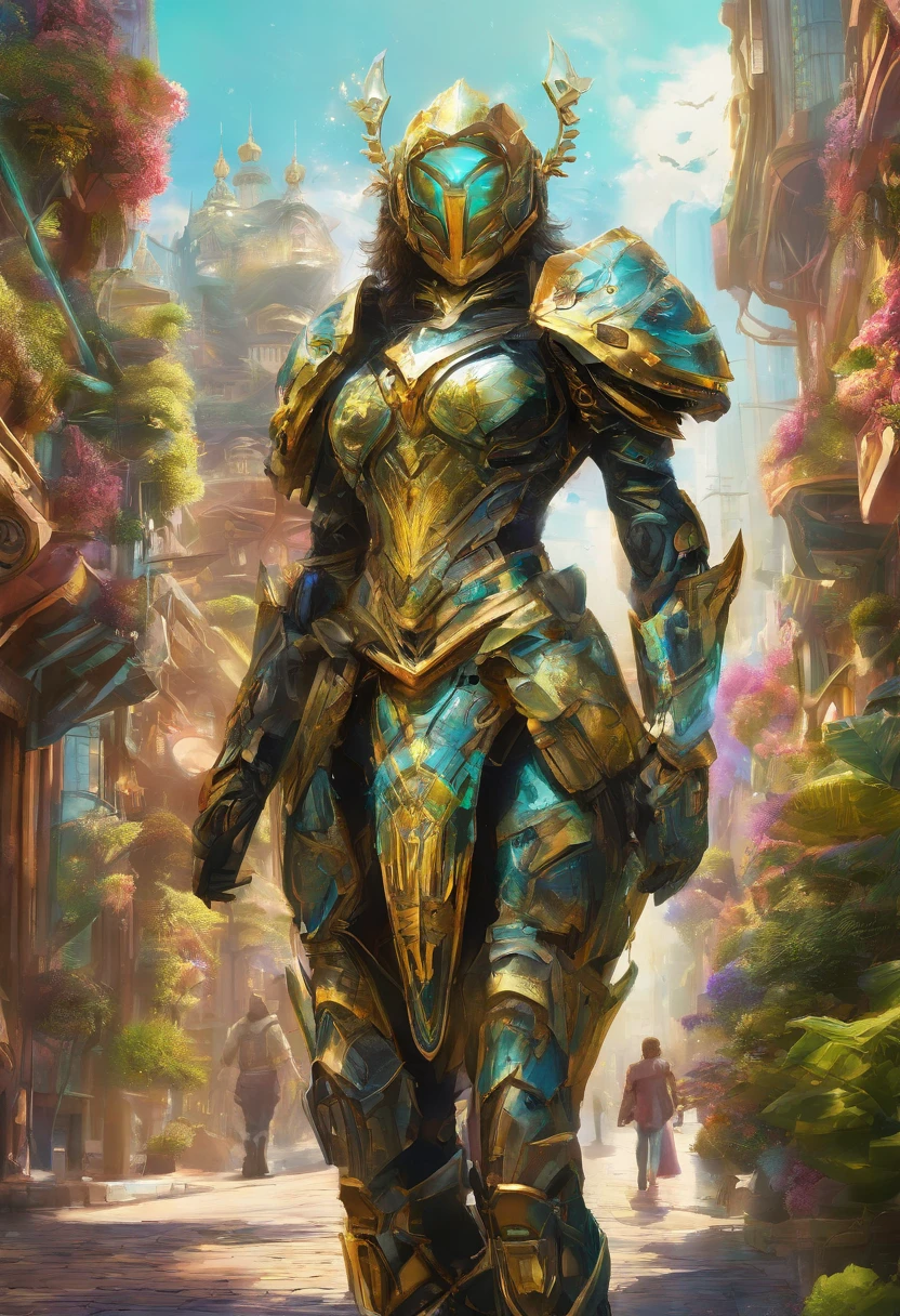 Generate an image of a regular size human female solarpunk-inspired eco-street guardian knight in a city street. The guardian wears a sleek, lightweight solar-powered armor with a golden sheen. Their face is uncovered, revealing their determined expression as they walk among pedestrians. The guardian's presence is proportional to the human scale, not towering over the surroundings, and their armor does not have plants growing out of it. The city around them is a lush, eco-friendly metropolis with advanced solar technology seamlessly integrated into the architecture. The guardian embodies the spirit of sustainability and protection in this utopian urban setting.