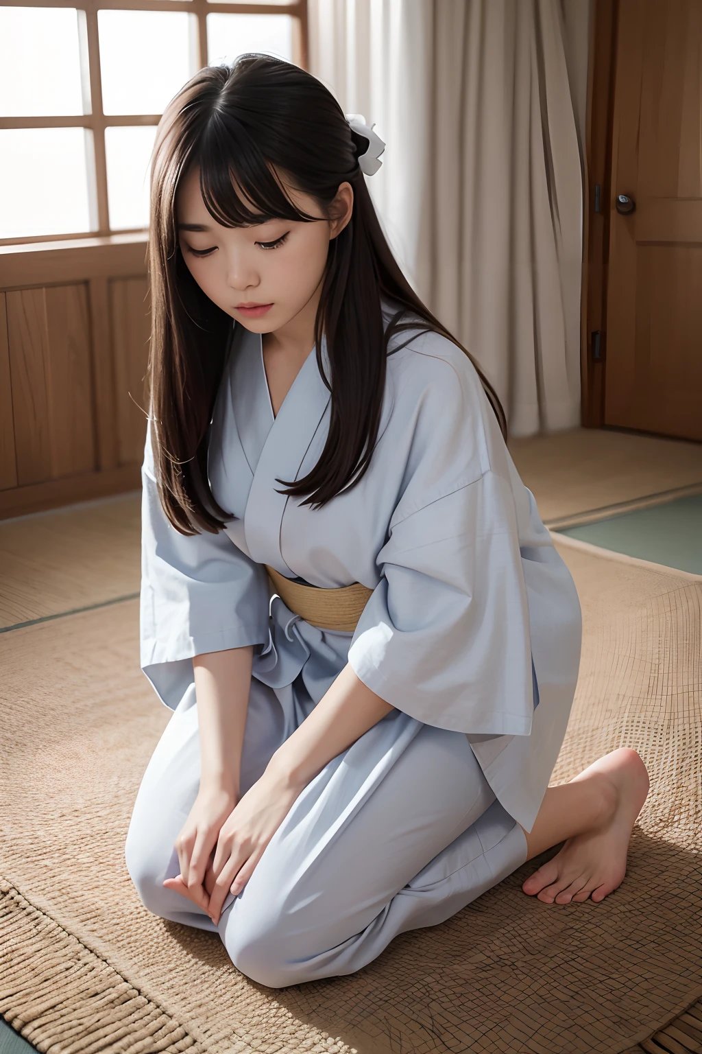 ((Masterpiece,Best quality, high resolution)), 1girll, Solo, The light is gentle，1 girl in a gray yukata，（white sash），（burlap），（Female prisoners），With a petite figure，brunette color hair，long whitr hair，Kneel in a gloomy prison，Kneeling position，Full body like，streaming tears，Clothing covers the whole body，folds，solid color backdrop，