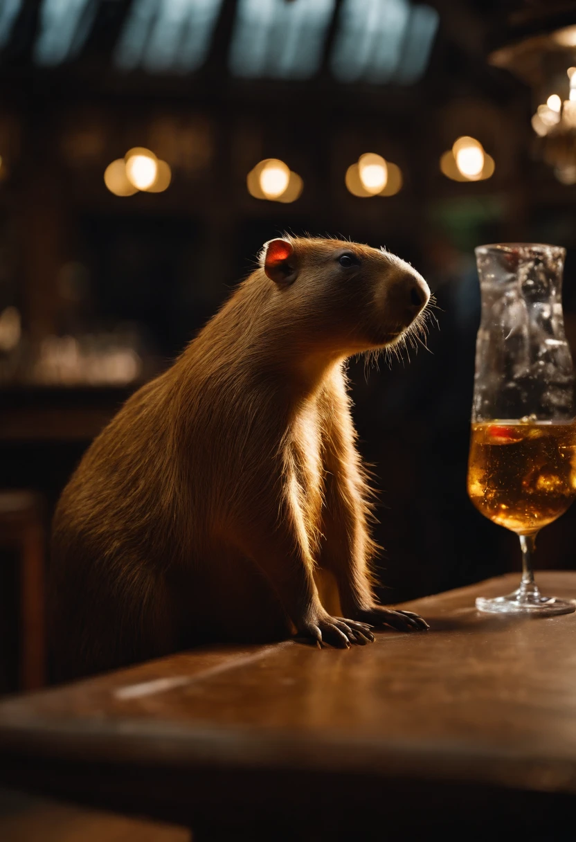 Capybara sitting in the bar，Premium bar，Capybaras drinking cocktails，Perfect capybara limbs