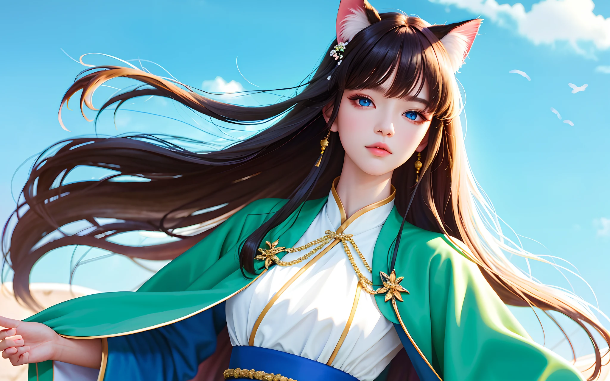 ((Highly detailed)),finished product,high high quality,A high resolution,(nice eyes and face),{voluptuous}{offcial art},(++Delicate facial details++),(++Exquisite body details++),(Physical)(Dynamic),(
1 girl, Beautiful detail eyes,Beautiful detail sky,电影灯光, Dramatic angle, Blue eyes, Cat ears, Long hair, Cool, Coat,Hanfu,Put your hands in your pockets,Beautiful girl,{{Delicate face}},Coat,Put your hands in your pockets),(++Beautifully dressed++),offcial art(Extremely fine)