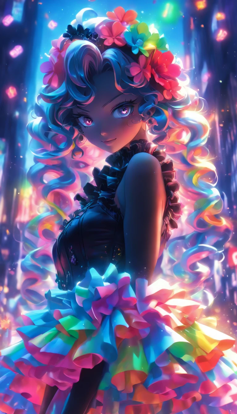 Masterpiece, Best quality,1girll,GothGal,Frilled dress 8K,A high resolution, ( flower_Styler:1.2)(rainbow-candy:1.2)