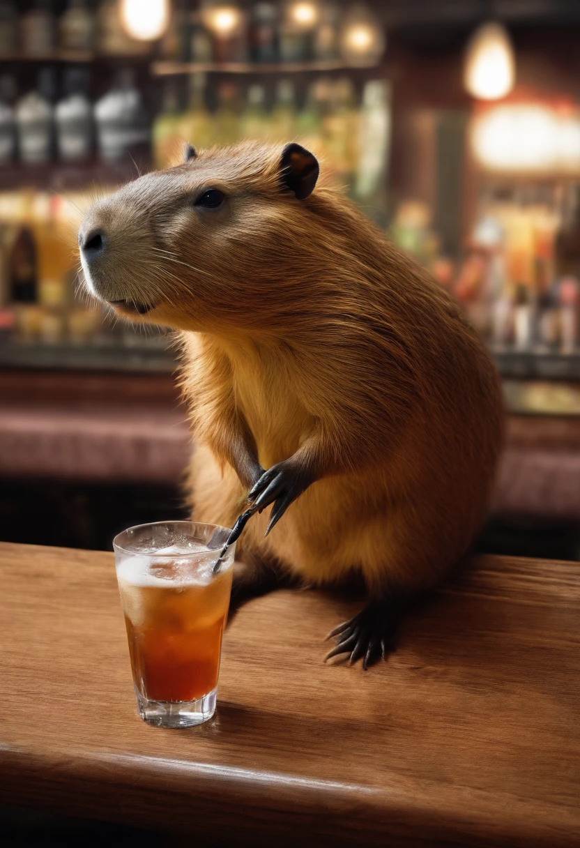 Capybara sitting in the bar,Premium bar,Capybaras drinking cocktails,Perfect capybara limbs