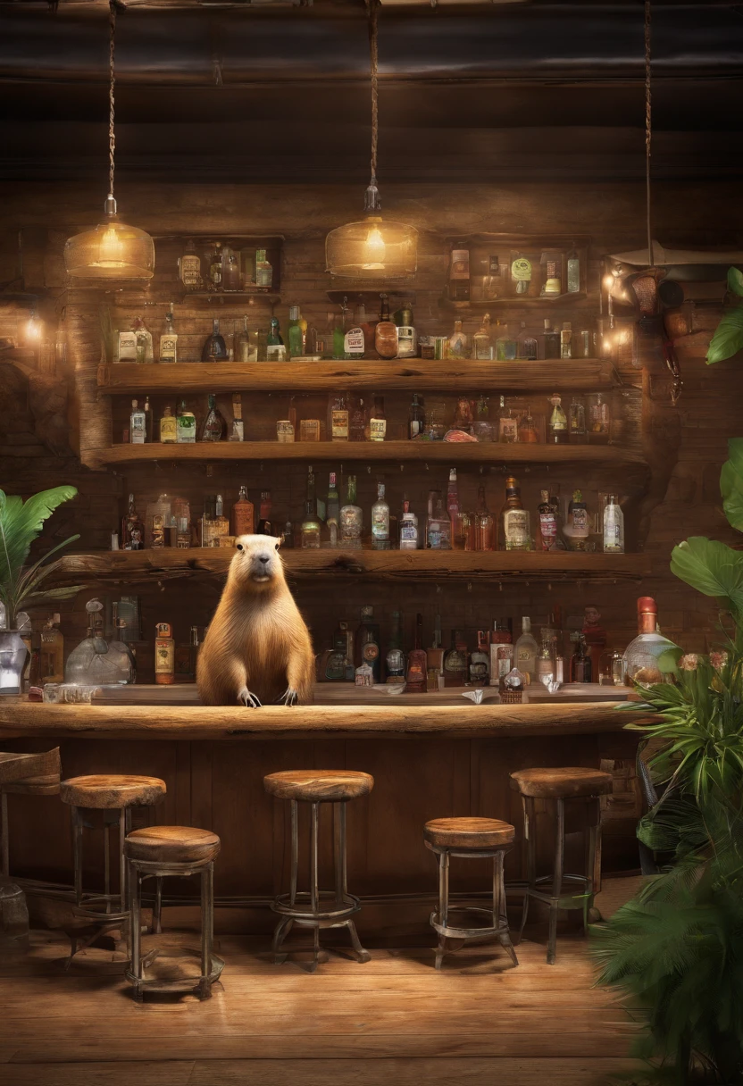 Capybara sitting in the bar，Premium bar，Capybaras drinking cocktails，Perfect capybara limbs