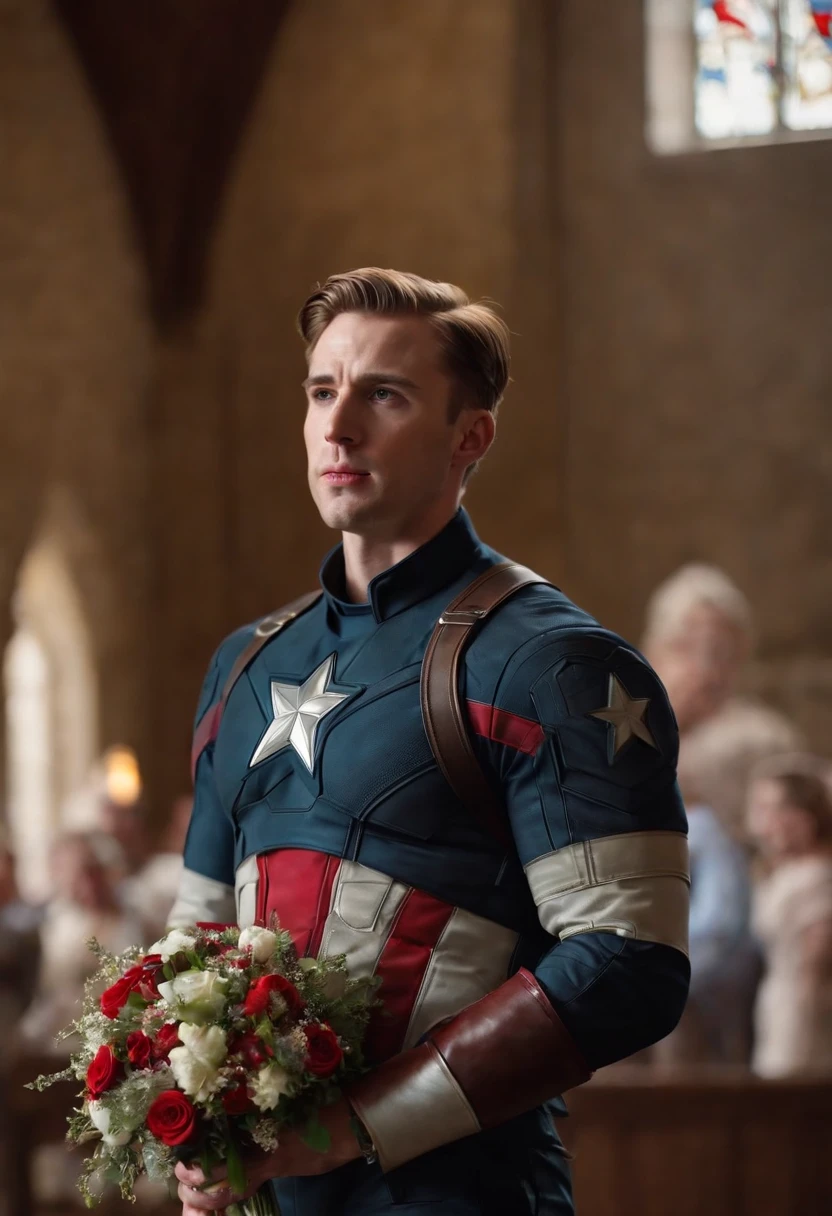 Captain America, holding a bouquet, walked down the aisle in a church wedding, happy.