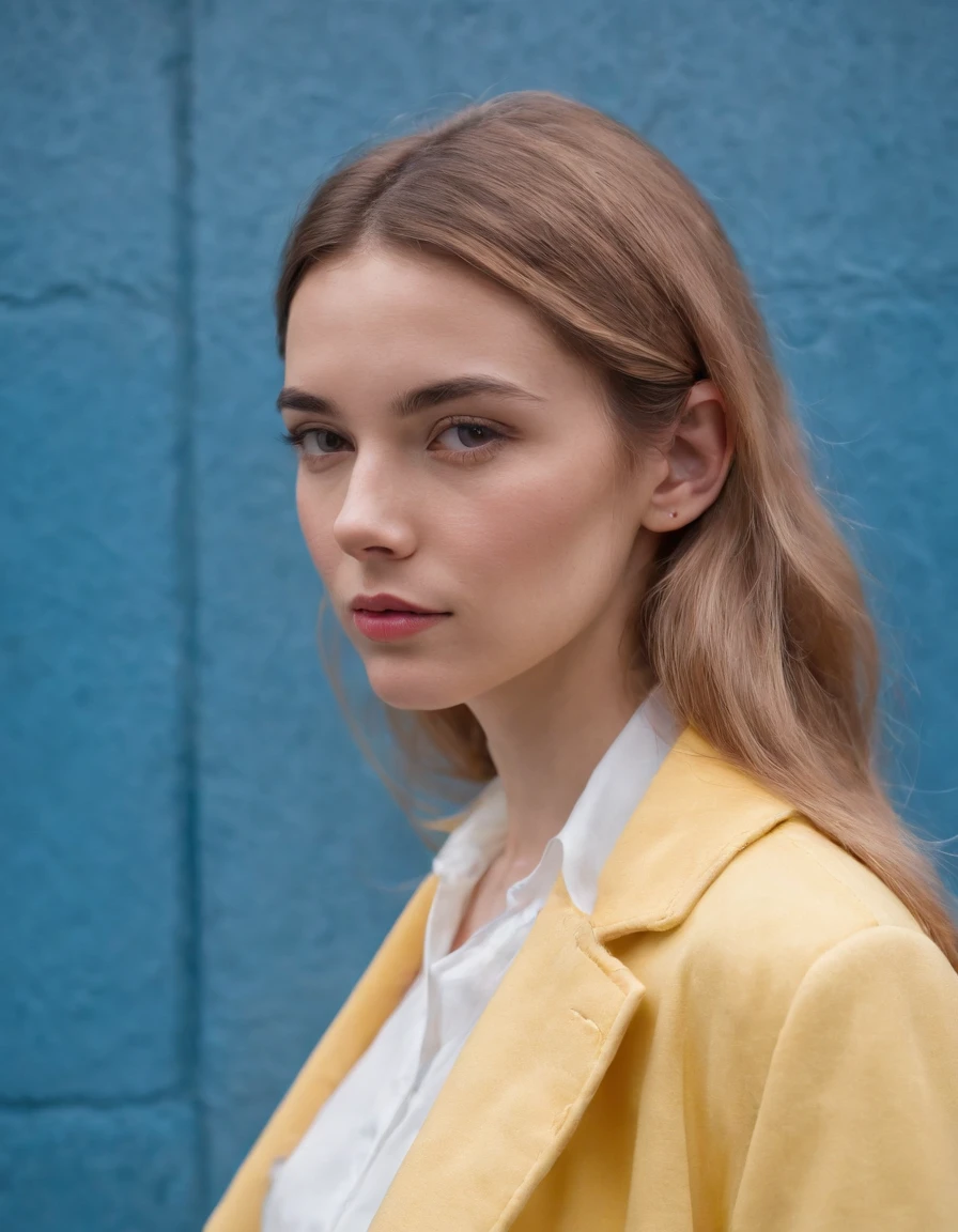 a young female wearing yellow and pink coats in front of blue wall, in the style of heatwave, transparent/translucent medium, contemporary vintage photography, lowbrow, poolcore, associated press photo, feminine body (medium long shot)