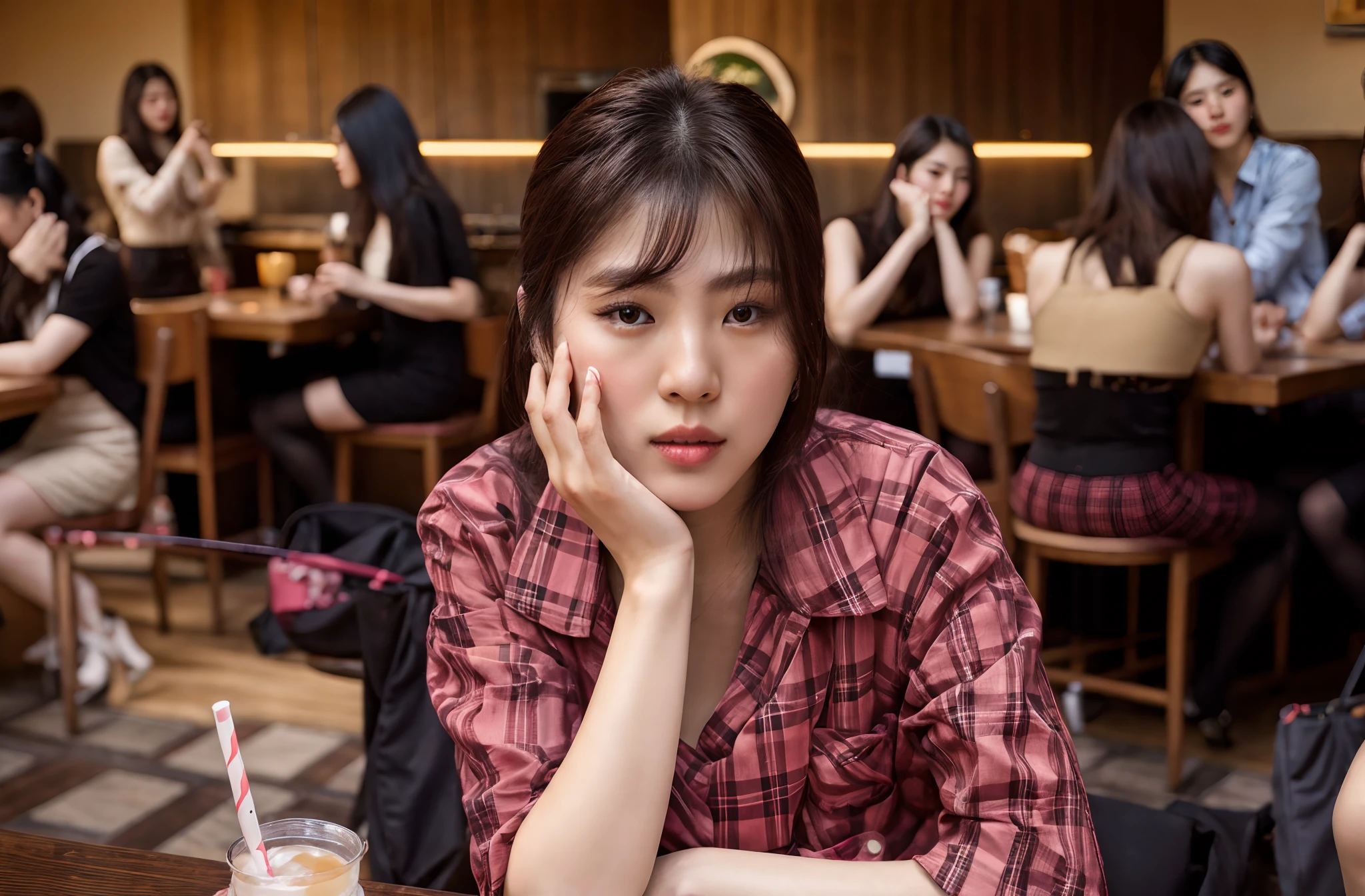 there is a woman sitting at a table with a drink in front of her, shot on canon eos r 5, shot on canon eos r5, shot with sigma f / 4. 2, shot with sigma f/ 4.2, shot on nikon z9, a young asian woman, captured on canon eos r 6, portrait of a japanese teen, young asian girl, Women Japanese model, women Korean model, ((Realistic lighting, Best quality, 8K, Masterpiece: 1.3)), Clear focus: 1.2, 1girl, Perfect body beauty: 1.4, Slim abs: 1.1, ((dark brown hair)), (Indoor, night: 1.1), Super Fine Face, Fine Eyes, Double Eyelids, (Over the knee black stockings: 1.5)