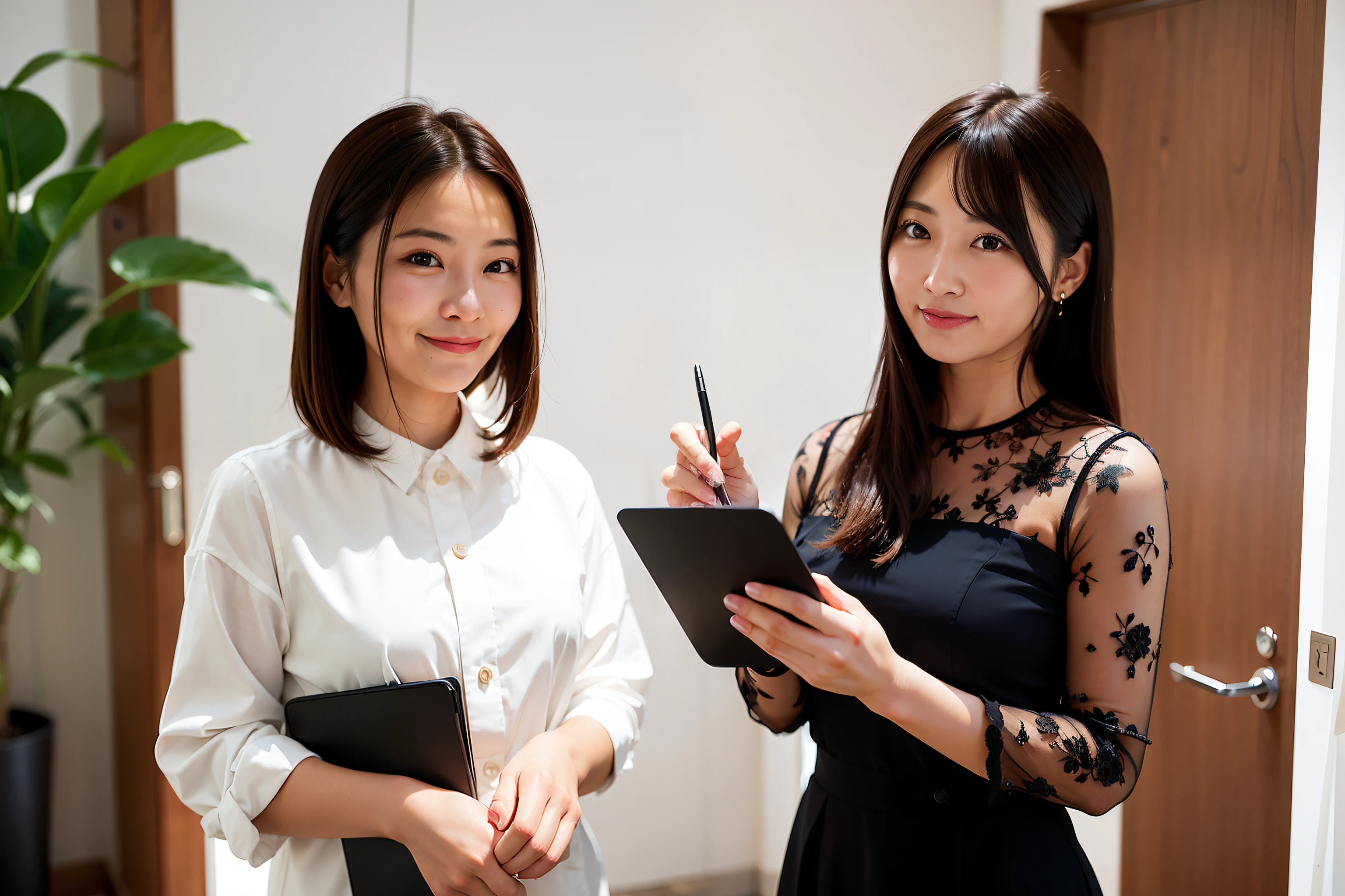 There is a woman holding a clipboard and a pen in her hand, asian female, holding a clipboard, Korean Woman, elegant japanese woman, a young asian woman, A Japanese Lady, Young Asian Woman, Asian Woman, Asian Women, Chinese Woman, asian female, young business woman, Beautiful young asian woman, marketing photo, female in office dress, holding a staff、Female Esthetics Instructor