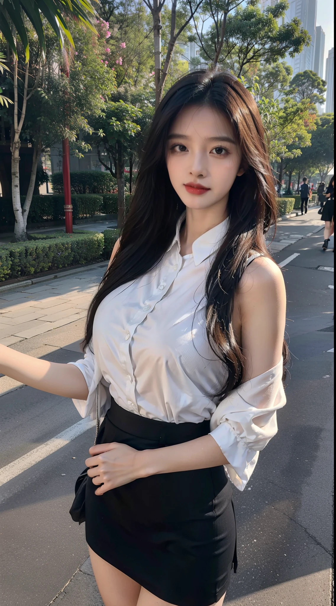 A perfect young female white-collar worker，Chinese big breasts，High picture quality，Works of masters，Black hair，Long hair shawl，Long hair flowing over the shoulders，Beach wave hairstyle，cropped shoulders，鎖骨，exquisite face，Hydrated red lips，flightattendantuniform，A-line skirt，Real Human，Hosiery（Bare thighs），CG rendering，16k，Stand up，Suzhou Garden，On the bridge，Do not show your hands，Close-up shot
