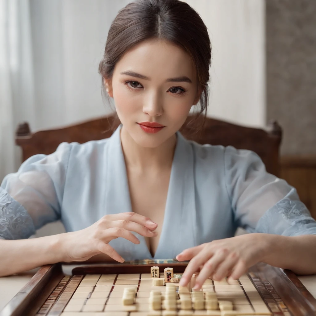 A beautiful woman with a sexy figure playing mahjong in a cheongsam