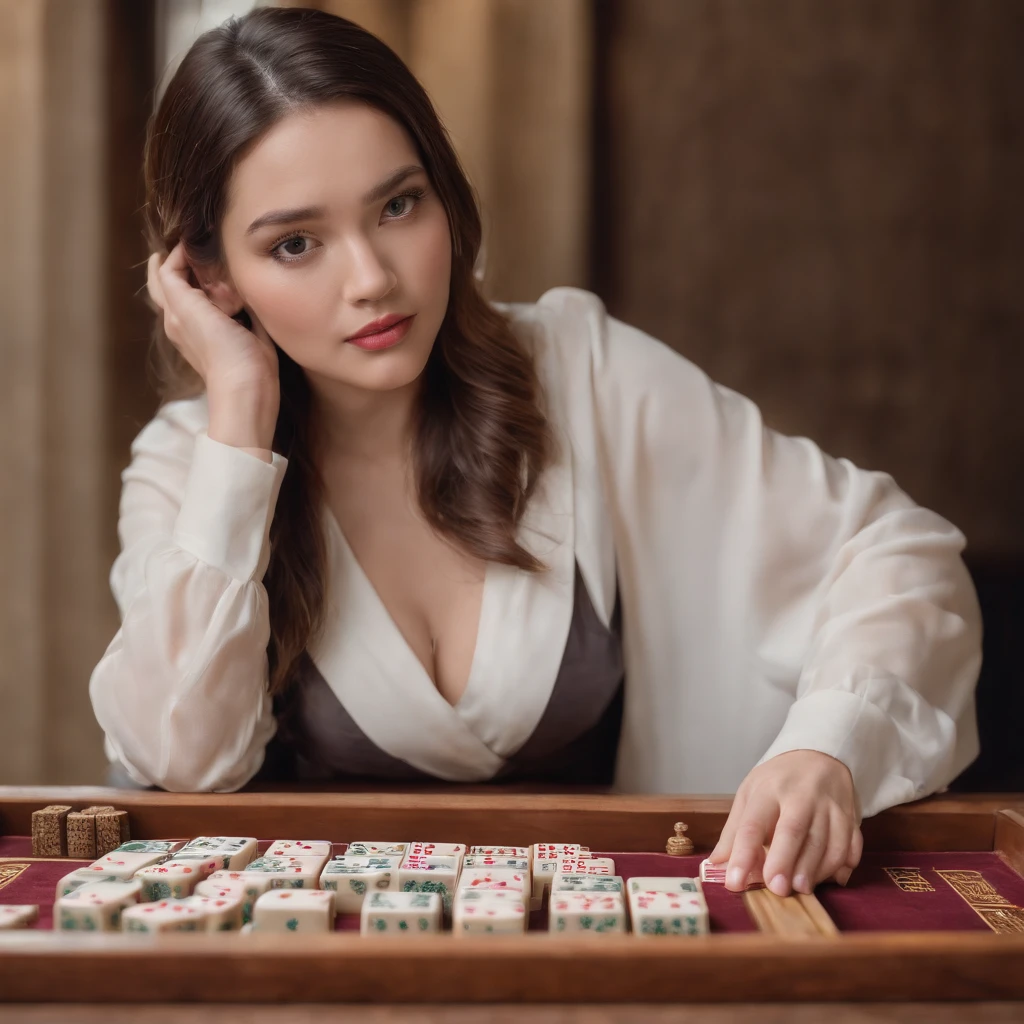 Sweet big-breasted beauty playing mahjong