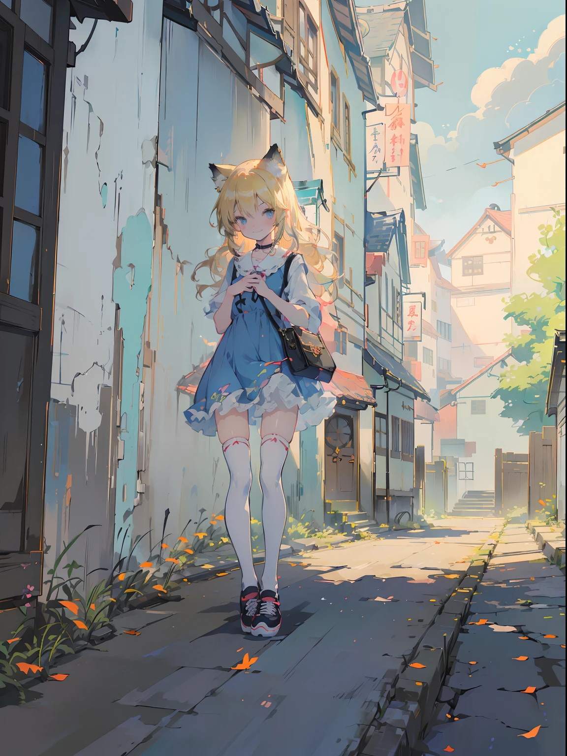 ((masutepiece, Best Quality: 1.1), ((Anime girl in blue dress with travel bag)), ((Shoes are sneakers)),Anime cat-eared girl in cute costume,((Autumn sky in Kyoto)), ((a blond))、(The long-haired)、Very Beautiful Anime Cat Girl, anime catgirl, ((white knee highs)), attractive cat girl, inspired by Leiko Ikemura, aya takano color style, in ryuuou no oshigoto art style, Cat Girl, touhou character, Rei Hiroe、With a smile