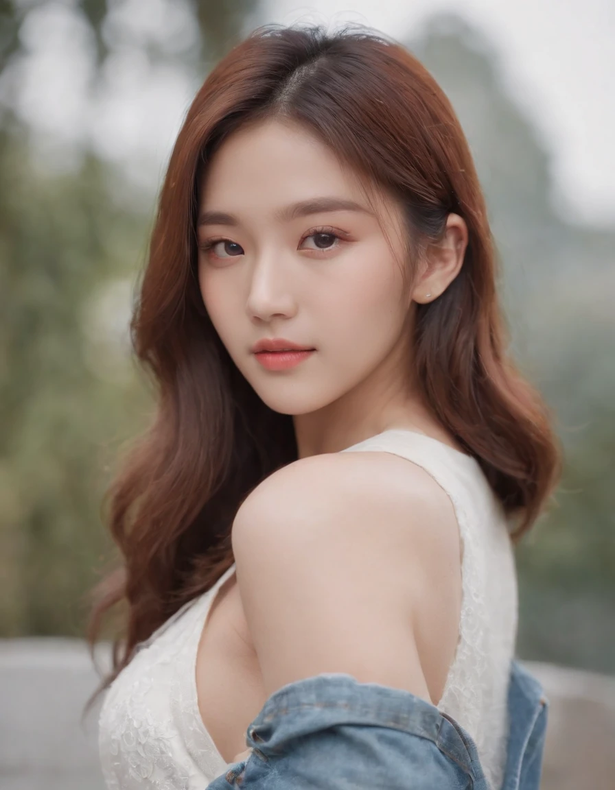 Ace, 4k, High Resolution, Masterpiece, Best Quality, Head: 1.3, (Korean K-pop Idol)，Face Highlighting，Pure，Girly，Flushing，18yr old, Fine Skin, Sharp Focus, (Cinema Lighting), Clavicle, Morning, Soft Light, Dynamic Angle, [: (detailed face:1.2):0.2]，，tight vest，denim pant