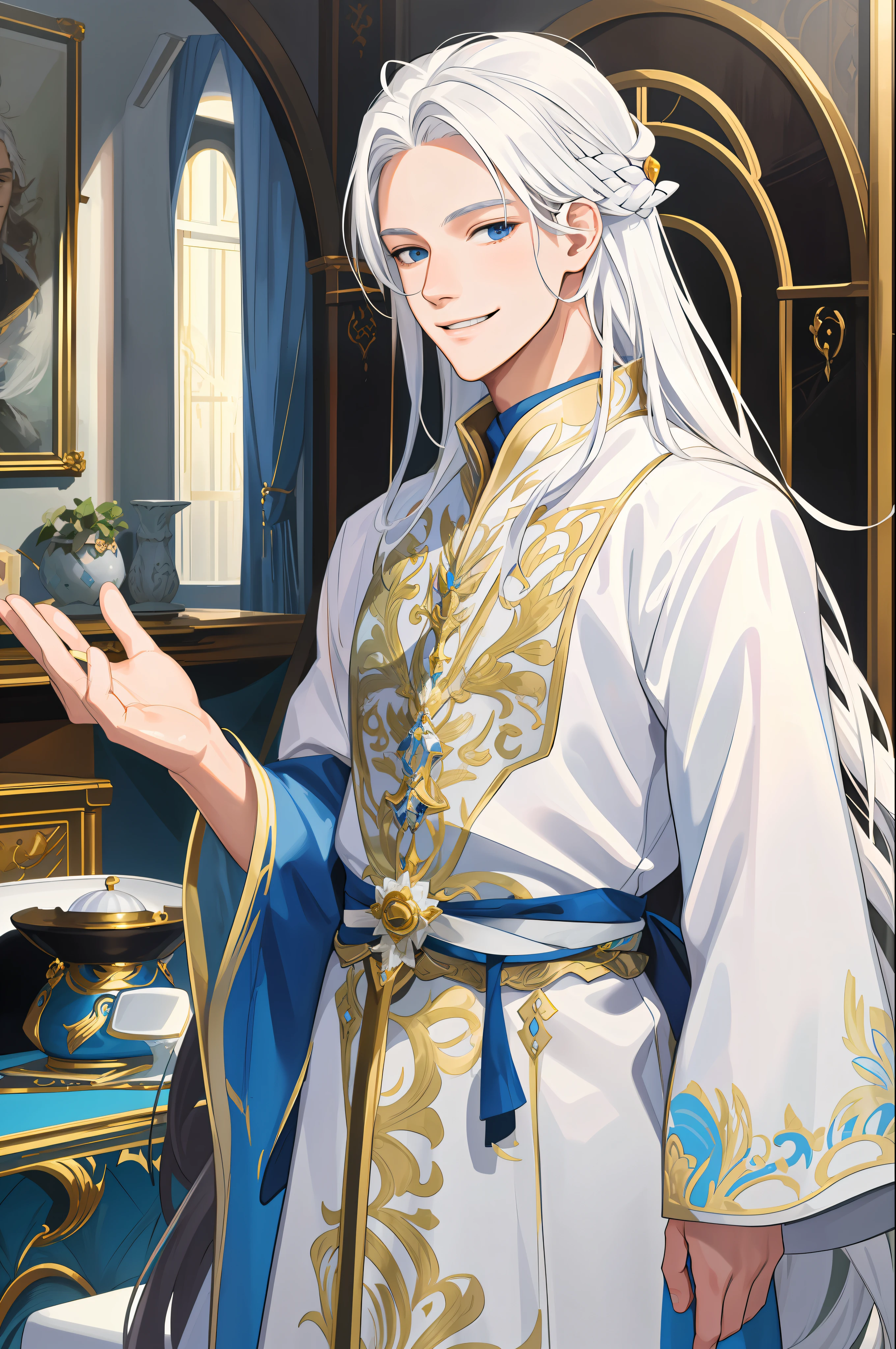 Masterpiece, super-fine, semi-realistic, meticulous facial features, 1boy, white hair, long hair, wearing exquisite fairy costumes, smiling, erasing forehead, bedroom