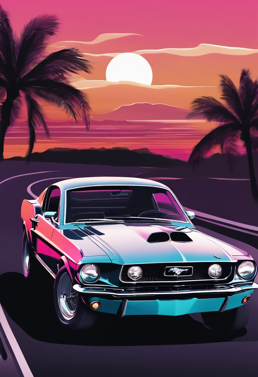 Ford Mustang before sunset, Vaporwave Style, Neon style, Soft lines, Vector tshirt art, Vector Kernel, intricate detailes, white backgrounid , 8K