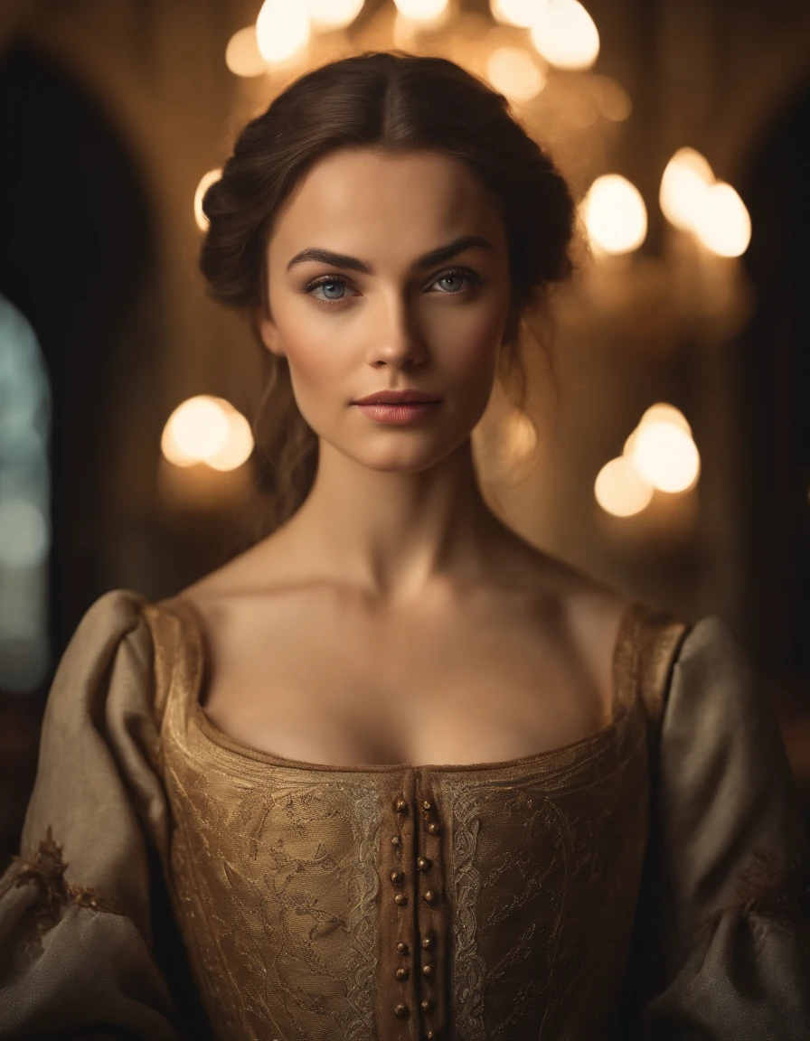 Cinematic portrait, ((upper body)), facing the audience, (Reality :1.3), the world's most beautiful artwork photo, a woman looking into the camera, European medieval court dress, gorgeous, soft gauze, detailed beautiful face, action shooting, (intricate :1.4), medieval court background, Photo realistic, CG, art station