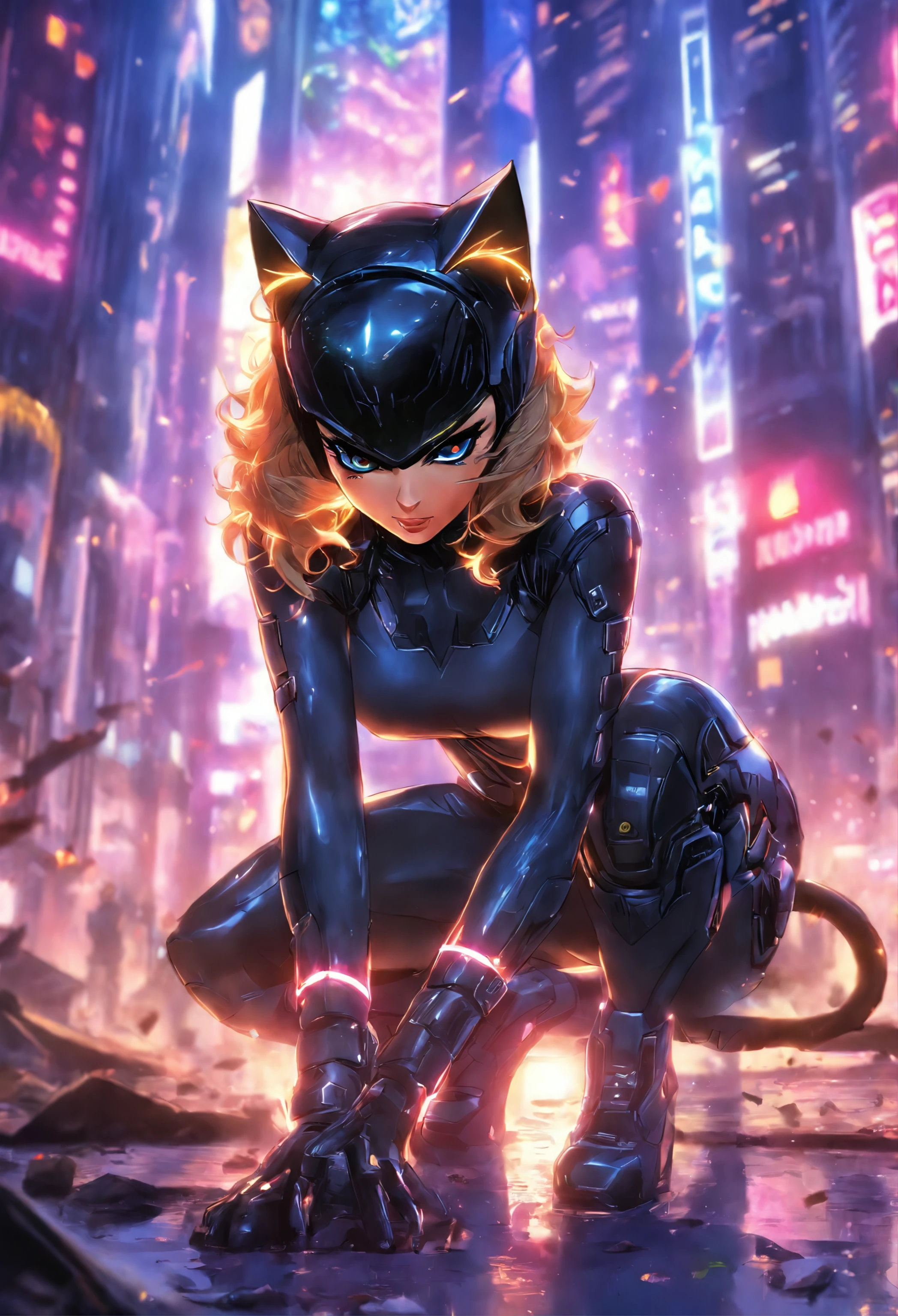 ((Best quality)), ((tmasterpiece)), ((realisticlying)), (A detailed), (Fotor is realistic:1.5), Futuristic Catwoman, (white business suit), Lights in armor, Network cap, looking at viewert, dynamicposes, postapocalyptic, Destroyed city funds, burning building, scientific fiction, hdr, Ray traching, NVIDIA RTX, Hyper-Resolution, Unreal 5, Subsoil scattering,