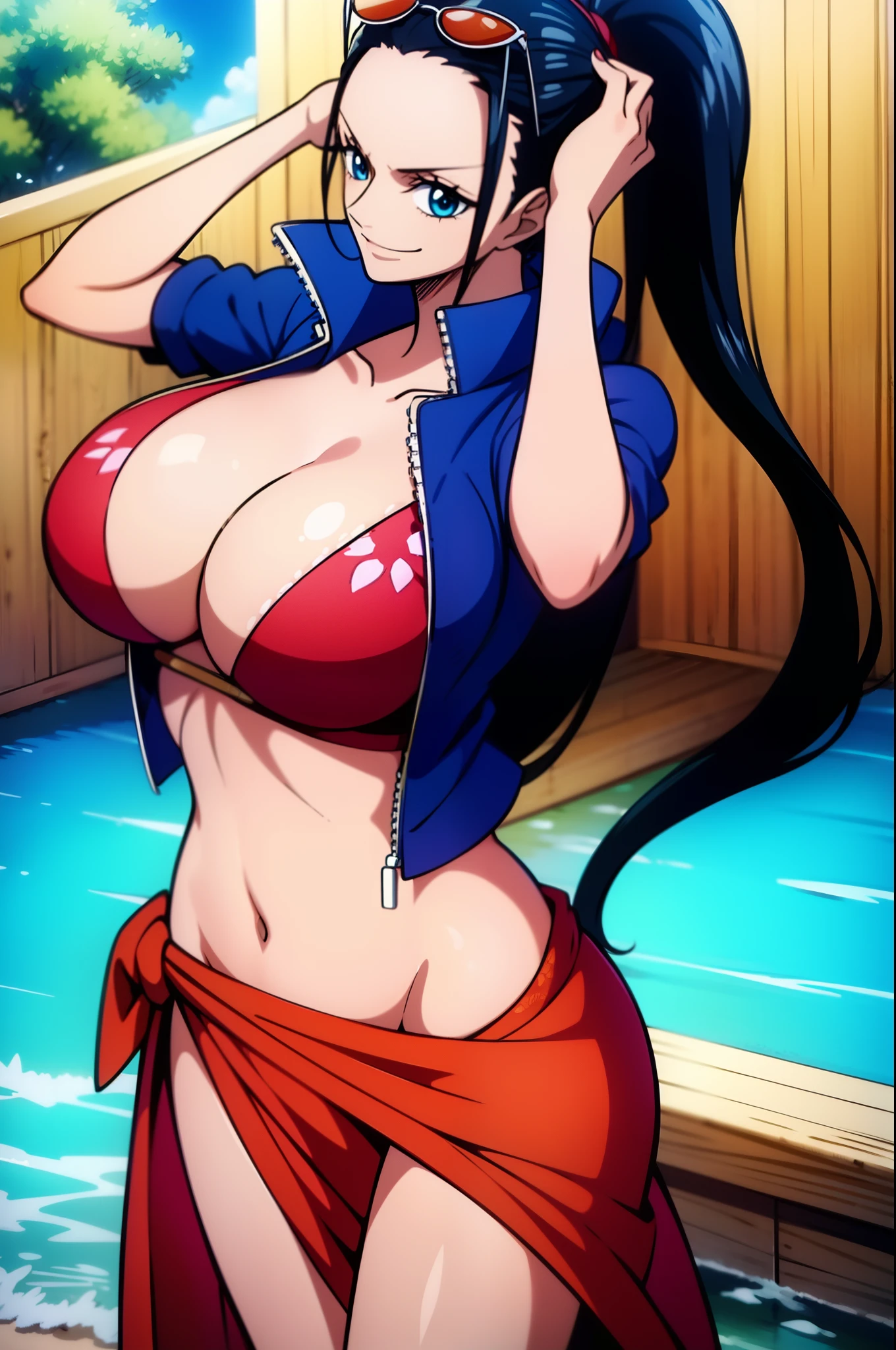 Robin de One Piece, sexy pose, What if , Elly, Red sari, 8k, anime, Shore, Big Boob, large ass, Looks sexy perfect quality eyes blue eyes nico robin, 1girl, aqua eyes, black hair, breasts, cleavage, closed mouth, collared jacket, cowboy shot, crop top, cropped jacket, extra hands, eyewear on head, hair slicked back, hand up, high collar, jacket, large breasts, long hair, looking at viewer, midriff, navel, plunging neckline, pose, sarong, short sleeves, smile, solo, standing, stomach, sunglasses, very long hair, outdoors, sea, ships high heels