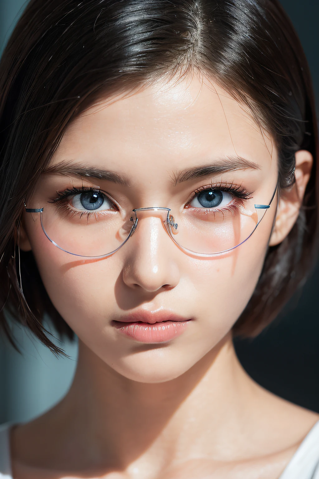 (short cut hair:1.4), breastsout, large breast:1.2, Blue-eyed, (perfect glossy shiny skins:1.3), (1girl in), (Best Quality,8K, Raw photography, top-quality, masterpiece:1.2), (Photorealsitic:1.37), (Exquisitely detailed), Ultras_Color, (realisitic), hightquality, ultra-detailliert, (real looking skin), (intricate-detail), (Dramatic_light), (Beautiful_Detailed_light), lensflare, Ultras_Color, (Shining_Particle), (Bright_Dust_Particle), Professonal lighting, photon maping, hight resolution, ighly detailed, lighting like a movie, (beautiful tbig eyes),lightsmile:1.2, High Nose Bridge,shinny eyes,(22 year old beautiful Japan woman),(A perfectly proportioned face),(lofty nose),Beautiful composition,(slim),nice hand,perfect hand,(huge-breasted:1.2),looking at the viewers,Dynamic Poses,Luminous particles,(shinny skin),Beautiful eyes,Beautiful face,(eyeglass:1.3),(Forehead:1.3),Gray hair:1.2,