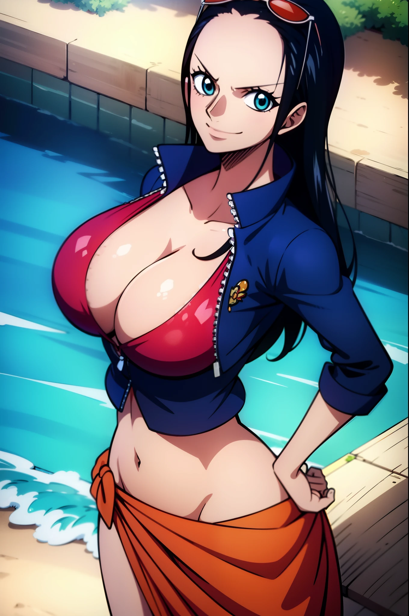 Robin de One Piece, sexy pose, What if , Elly, Red sari, 8k, anime, Shore, Big Boob, large ass, Looks sexy perfect quality eyes blue eyes nico robin, 1girl, aqua eyes, black hair, breasts, cleavage, closed mouth, collared jacket, cowboy shot, crop top, cropped jacket, extra hands, eyewear on head, hair slicked back, hand up, high collar, jacket, large breasts, long hair, looking at viewer, midriff, navel, plunging neckline, pose, sarong, short sleeves, smile, solo, standing, stomach, sunglasses, very long hair, outdoors, sea, ships high heels