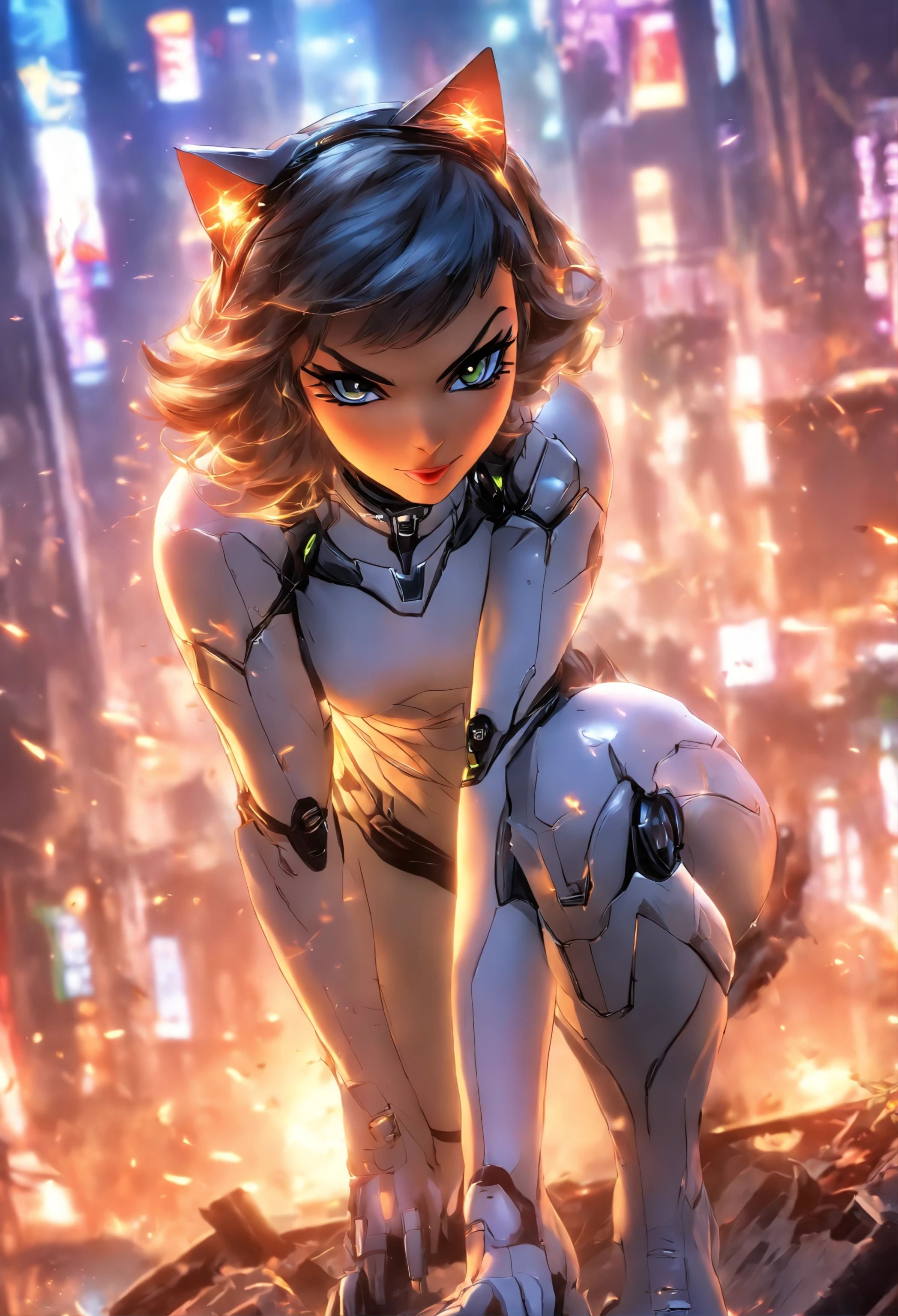 ((Best quality)), ((tmasterpiece)), ((realisticlying)), (A detailed), (Fotor is realistic:1.5), Futuristic Catwoman, (white business suit), Lights in armor, Network cap, looking at viewert, dynamicposes, postapocalyptic, Destroyed city funds, burning building, scientific fiction, hdr, Ray traching, NVIDIA RTX, Hyper-Resolution, Unreal 5, Subsoil scattering,
