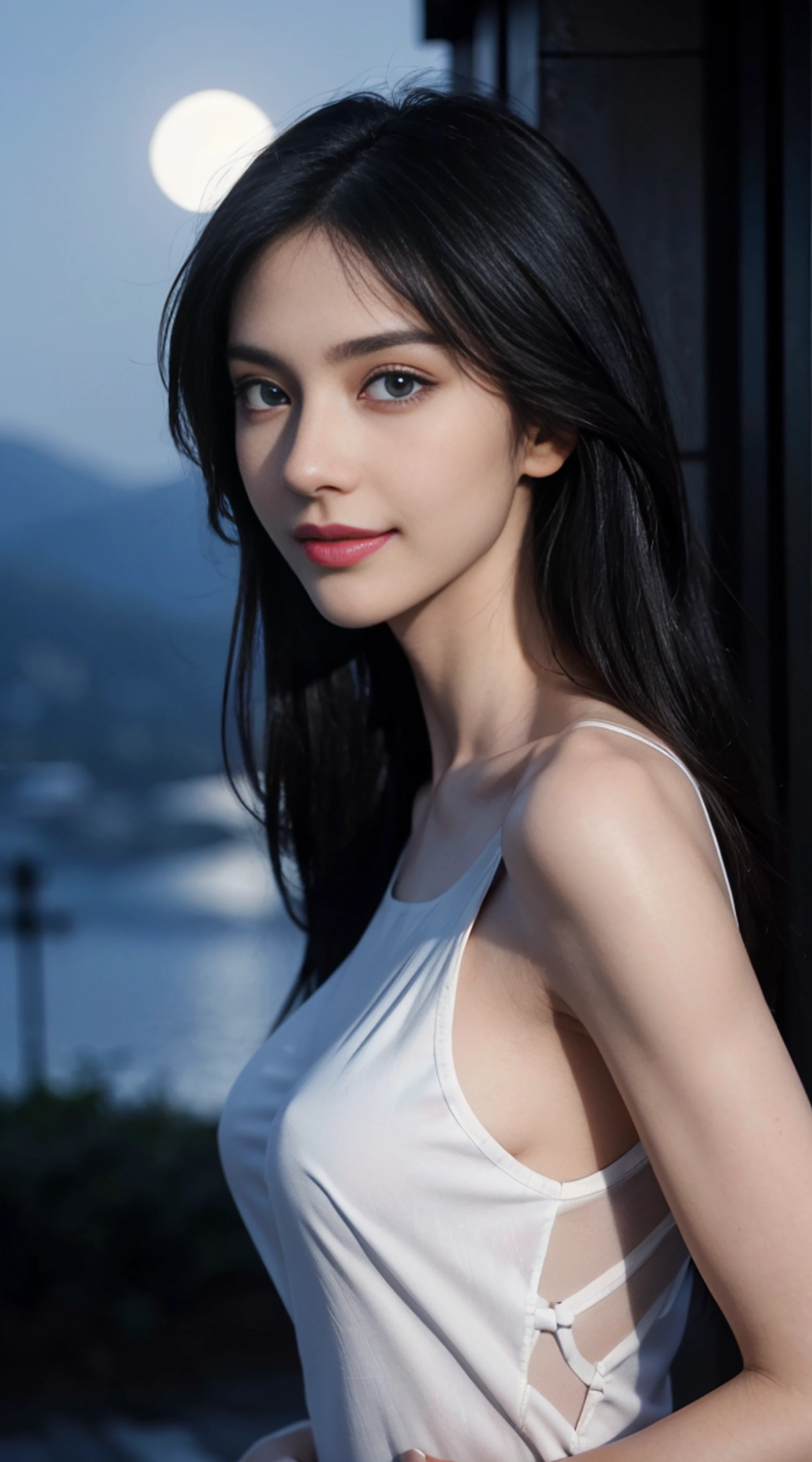8K, Top Quality, Intricate Details, Ultra Detail, Ultra High Resolution, Masterpiece, random angle,  Slender, Smile, (Makeup: 0.4), (Fluffy Blue Eyes: 1.21), blue Eyes, looking at viewer, ((full body)), 1girl, solo, 1 girl, (( full body)), close up shot, , ((tall)), (((fit body))), (((slim face))), sharp face, sharp eyes, (((black hair, long hair, ))  (detailed face), sharp face, small lips, 
 (( kurti)),  detailed face, detailed breast, , large breast, detail ass, , Beautiful girl with accentuated slender abs: 1.4, Six Pack Abs: 1.4, Bust Botox, Big, Perfect Body, detail leg, (( moonlight)), top of mountain