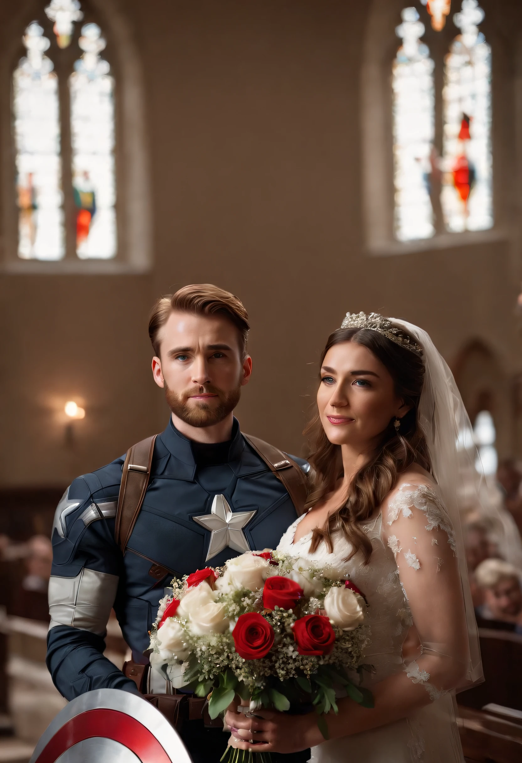 Captain America, holding a bouquet, walked down the aisle in a church wedding, happy.