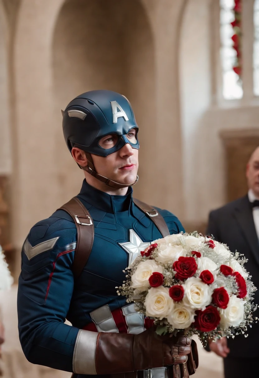 Captain America, holding a bouquet, walked down the aisle in a church wedding, happy.