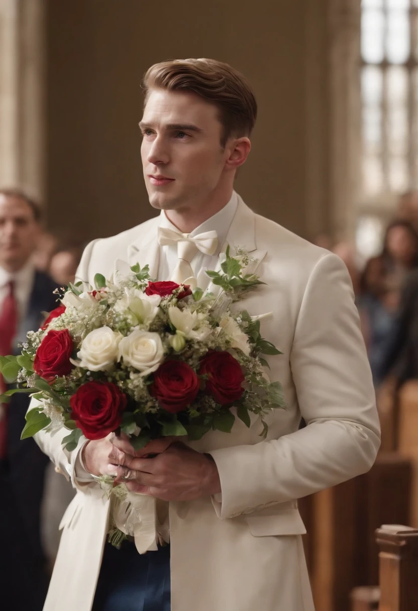 Captain America, holding a bouquet, walked down the aisle in a church wedding, happy.