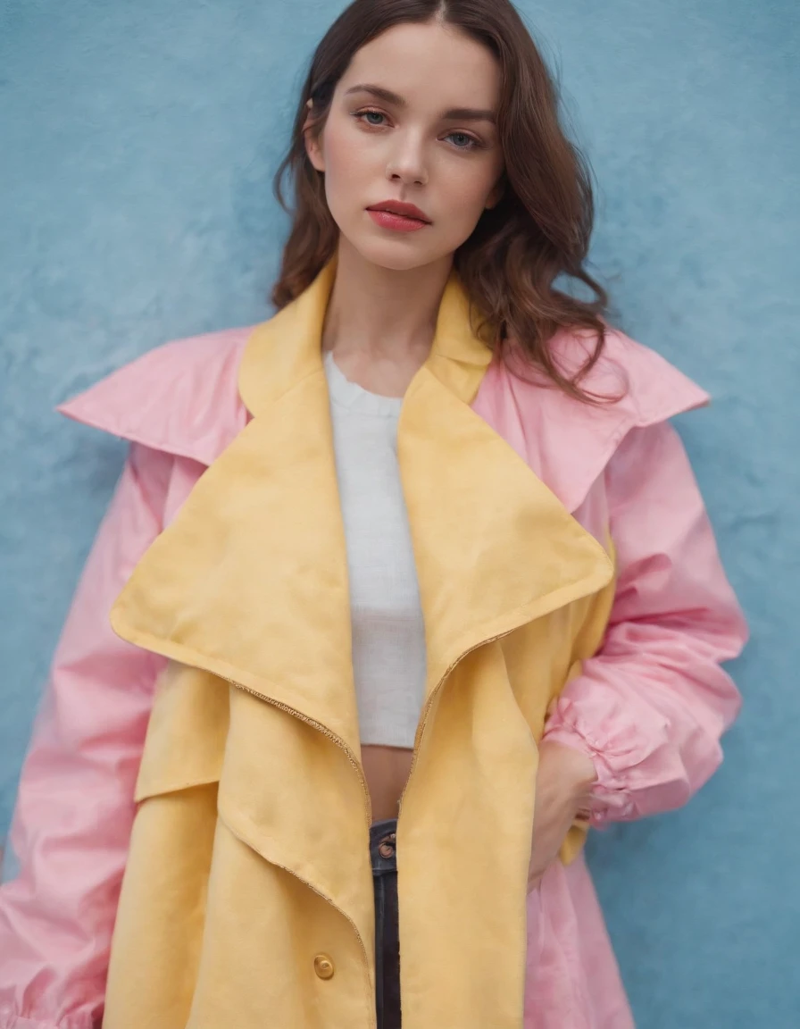 a young female wearing yellow and pink coats in front of blue wall, in the style of heatwave, transparent/translucent medium, contemporary vintage photography, lowbrow, poolcore, associated press photo, feminine body (cowboy shot)
